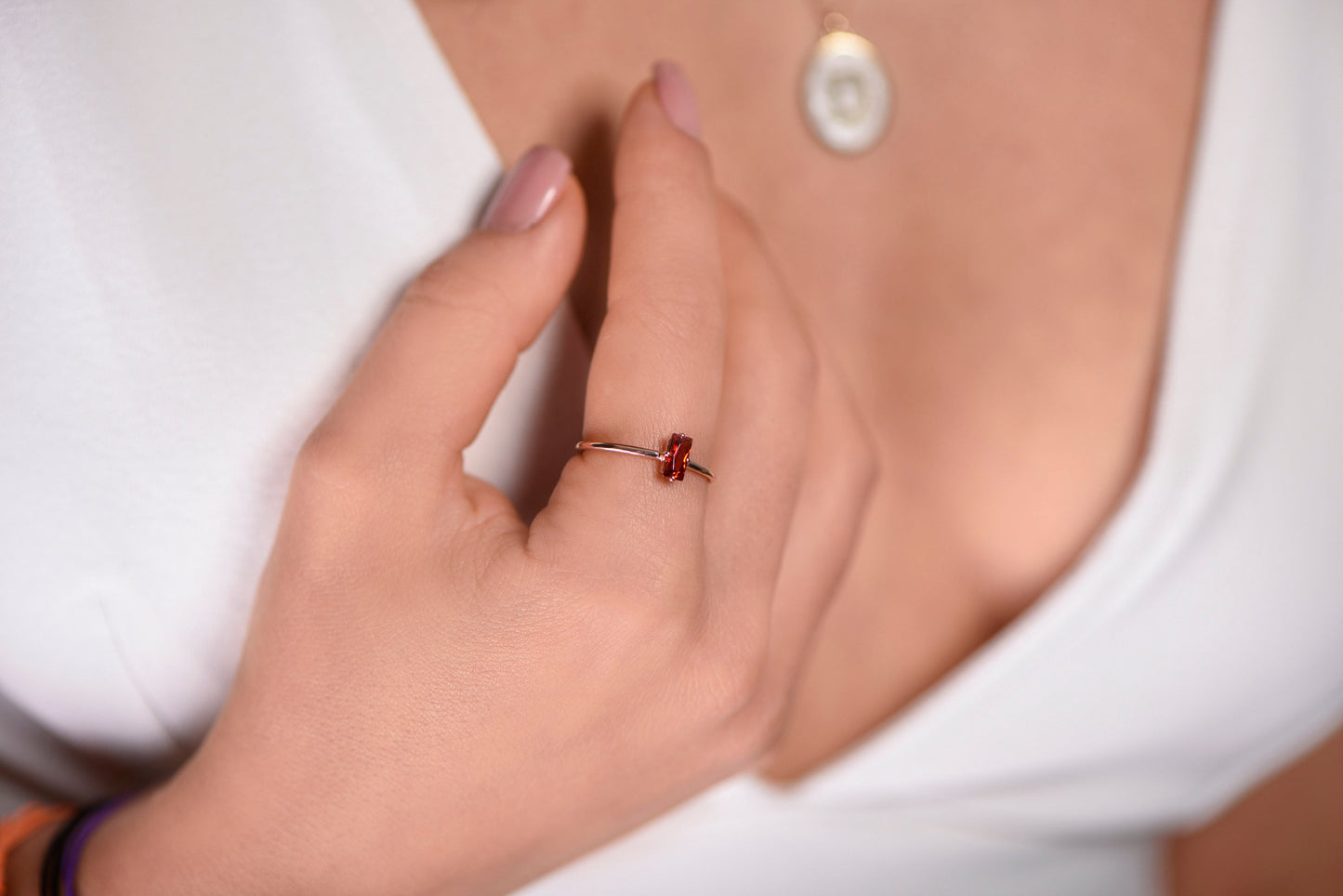 Minimalist Garnet Birthstone Ring in Rose White or Yellow Gold | Baguette Cut Garnet Ring | 8K 14K 18K Solid Gold Thin Band