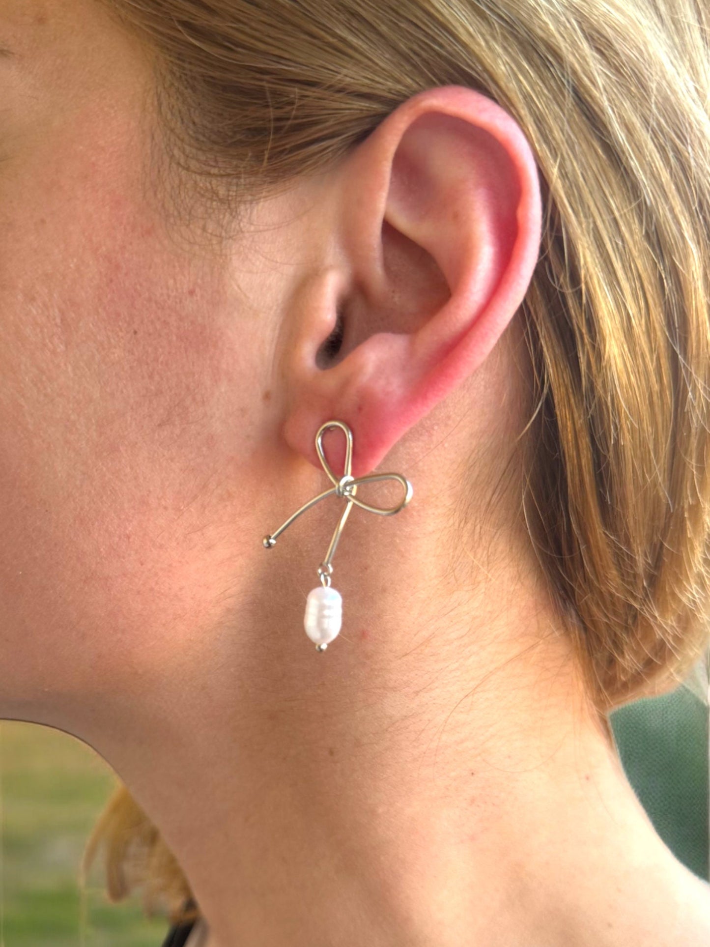 Ribbon Pearl Earrings, Solid Gold Ribbon Pearl Earrings, Pendant Pearl Earrings, Bridal Gift Ribbon Pearl Earrings, Christmas Gift Earrings