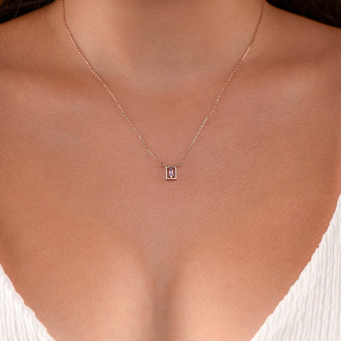 Rectangular Frame Gemstone Necklace in 14K or 8K Gold - Minimalist Baguette amethyst,Pendant Gift for Her