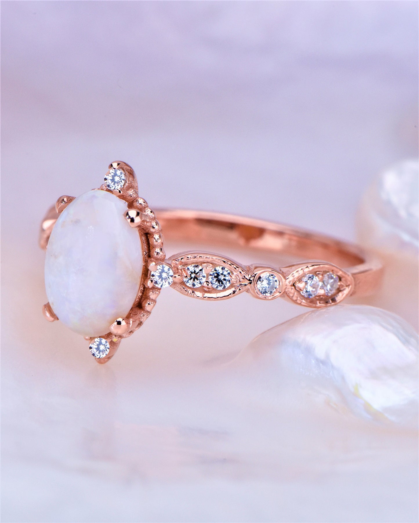 Vintage Opal and Diamond Ring in Solid 14k Gold – Rose Gold Oval Engagement Ring – October Birthstone Gift for Her