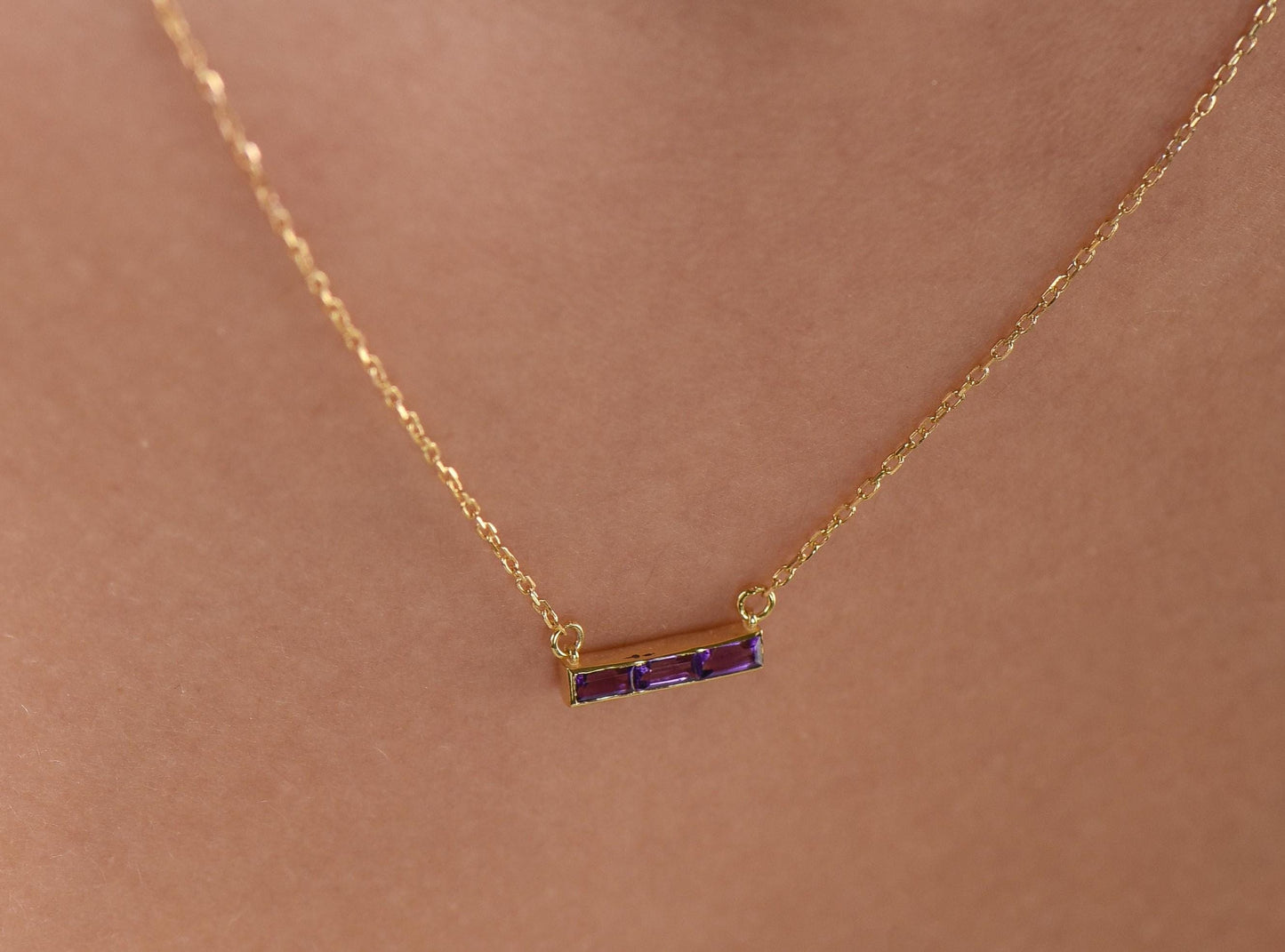 14K Yellow Gold Baguette Amethyst Bar Necklace - Dainty Purple Gemstone Pendant for Her