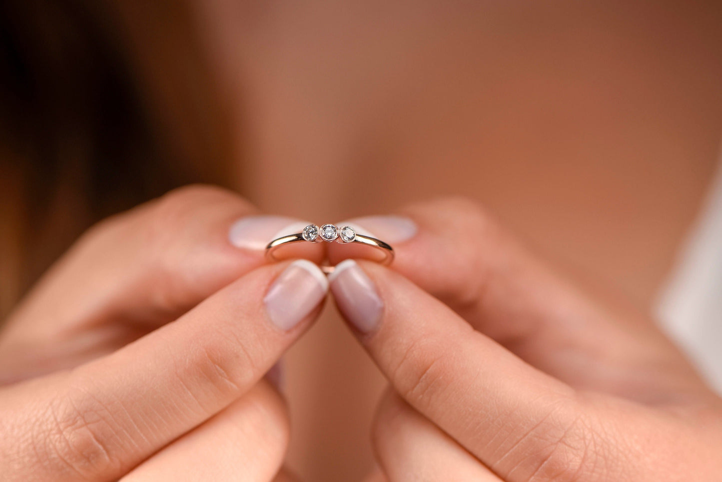 Three Stone Bezel Set Ring in 8K 14K 18K Gold | Customizable Birthstone Diamond Zircon Option | Dainty Trio Ring