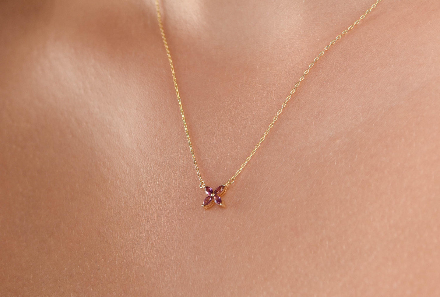 14K Yellow Gold Amethyst Flower Necklace - Marquise Cut Purple Gemstone Pendant for Her
