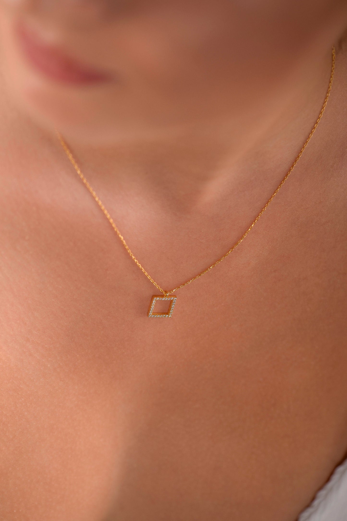 Solid Gold Square Diamond Necklace - Dazzling Statement Piece-Solid Gold Diamond Necklace- Gift for Mom