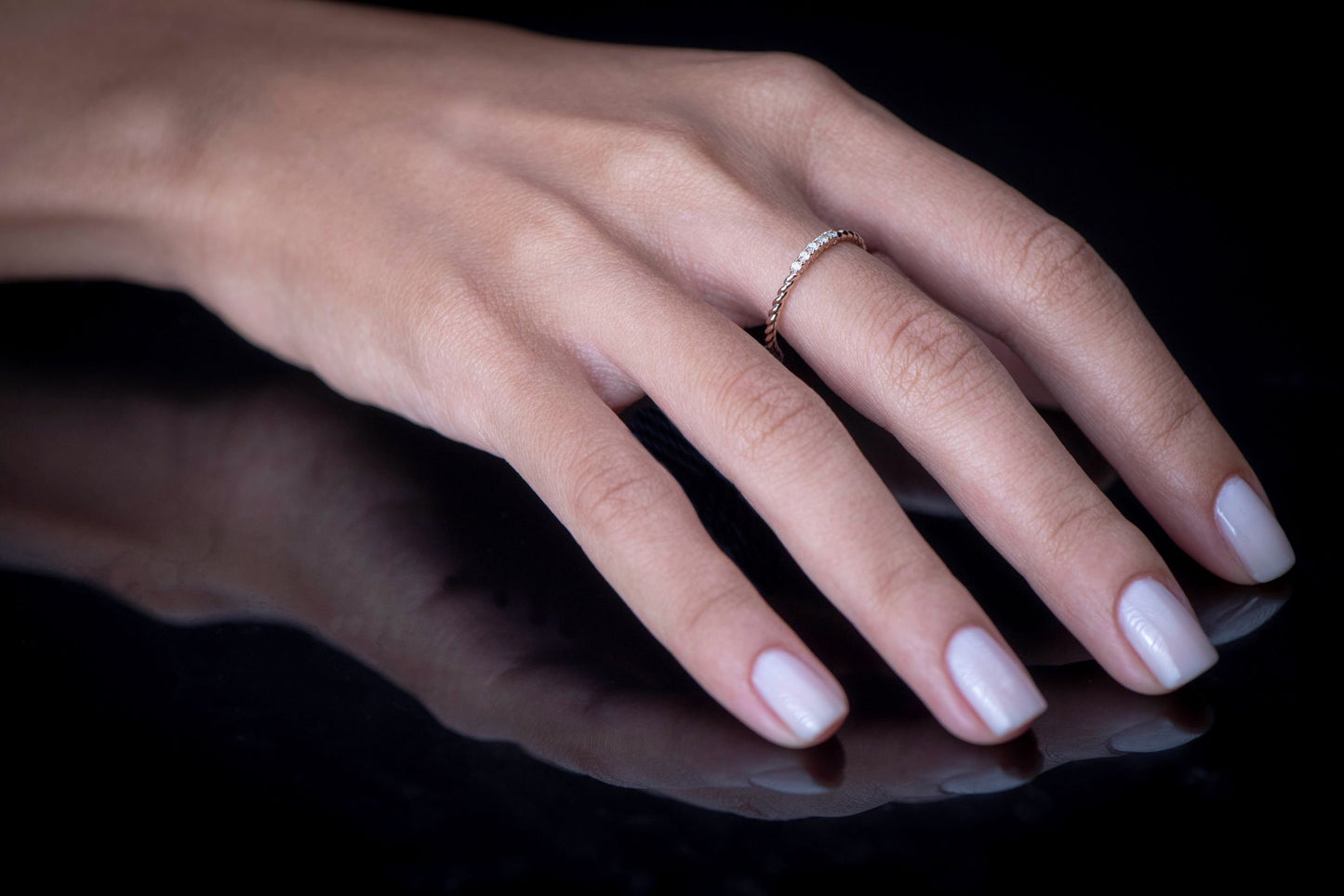 14K Rose Gold Twisted Band Diamond Ring, Dainty Stackable Ring with Round Cut Diamonds, Minimal Fine Jewelry