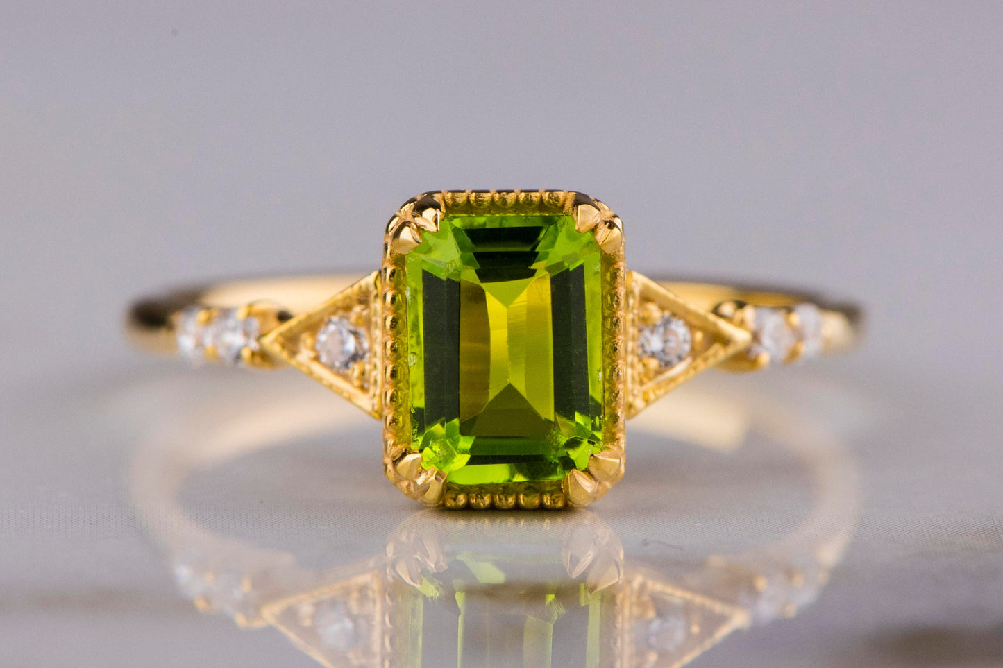 Emerald Cut Peridot and Diamond Ring in 14k Gold – Vintage Engagement or Mother’s Day Gift