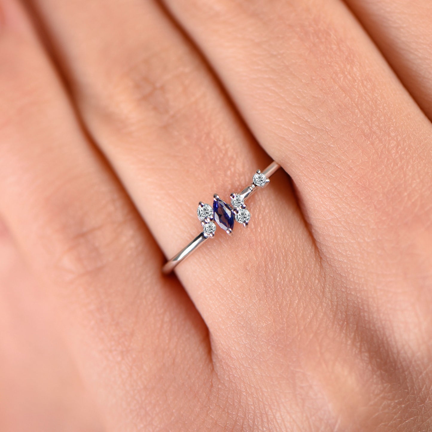 Marquise Sapphire Ring – 14K White Gold | Diamond Accent Band | Minimalist Birthstone Ring | Mother’s Day Gift