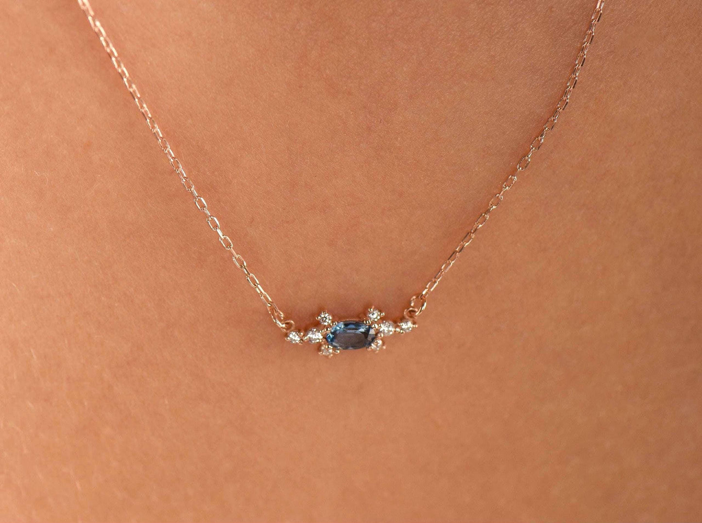 14K Rose Gold London Blue Topaz and Diamond Cluster Necklace - Oval Cut Gemstone Pendant for Her