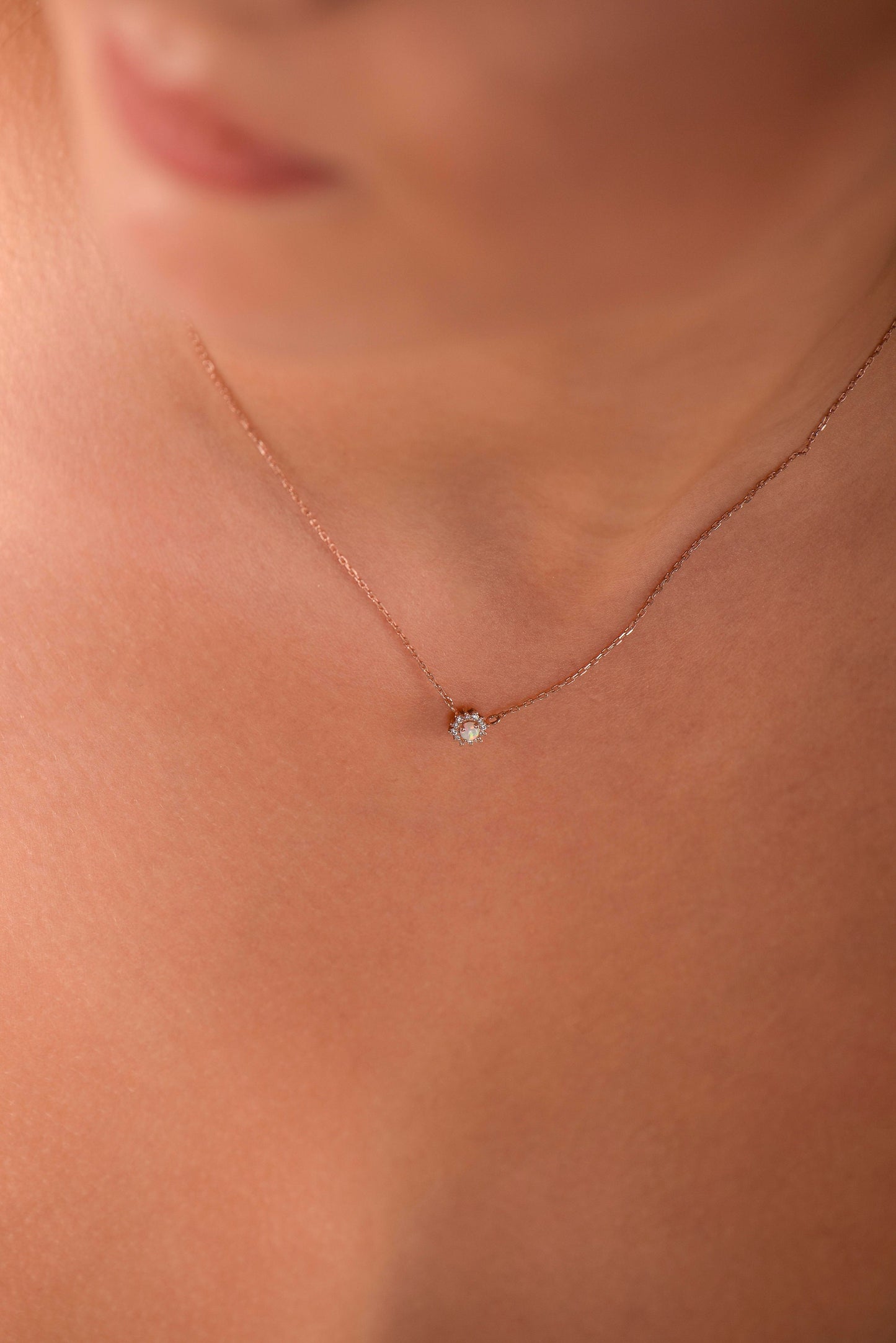 14K Rose Gold Opal and Diamond Halo Necklace - Dainty October Birthstone Pendant Gift for Her
