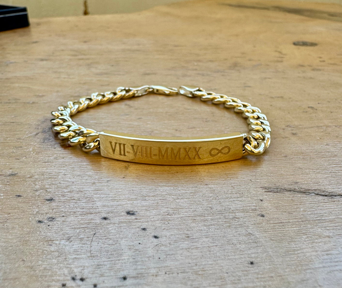 14K Gold ID Bracelet, Name Date Bar Cuban Link Bracelet, Personalized Engraved Bar Gold Bracelet,Valentine’s Day Gift,Gift for Love