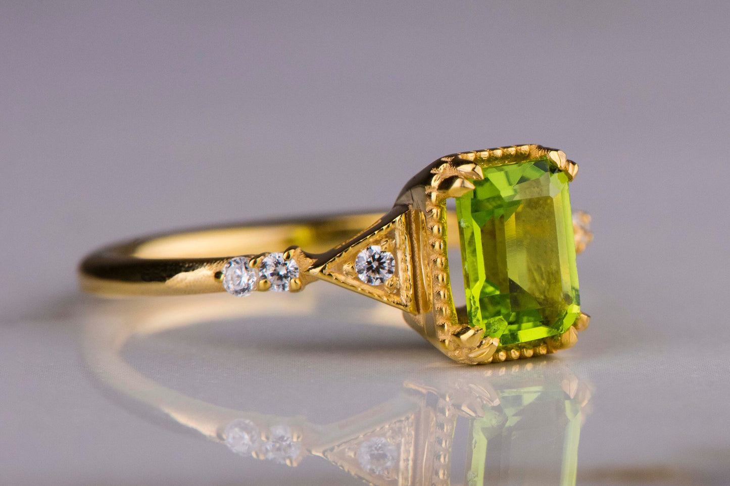 Emerald Cut Peridot and Diamond Ring in 14k Gold – Vintage Engagement or Mother’s Day Gift