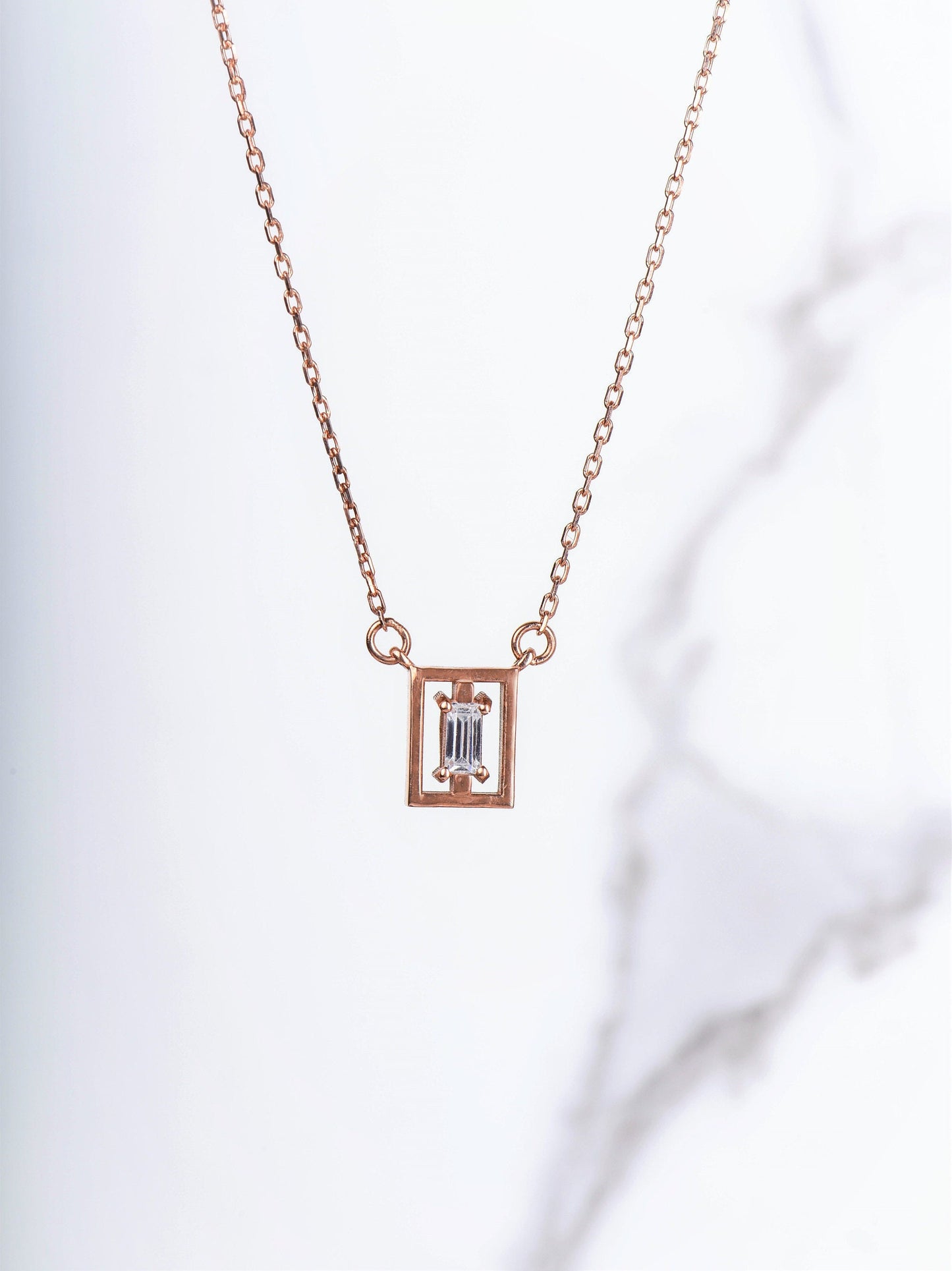 14K Solid Gold Baguette Stone Necklace,Baguette Stone Necklace,Framed Gold Necklace,Customizable Baguette Necklace, Gift For Mom
