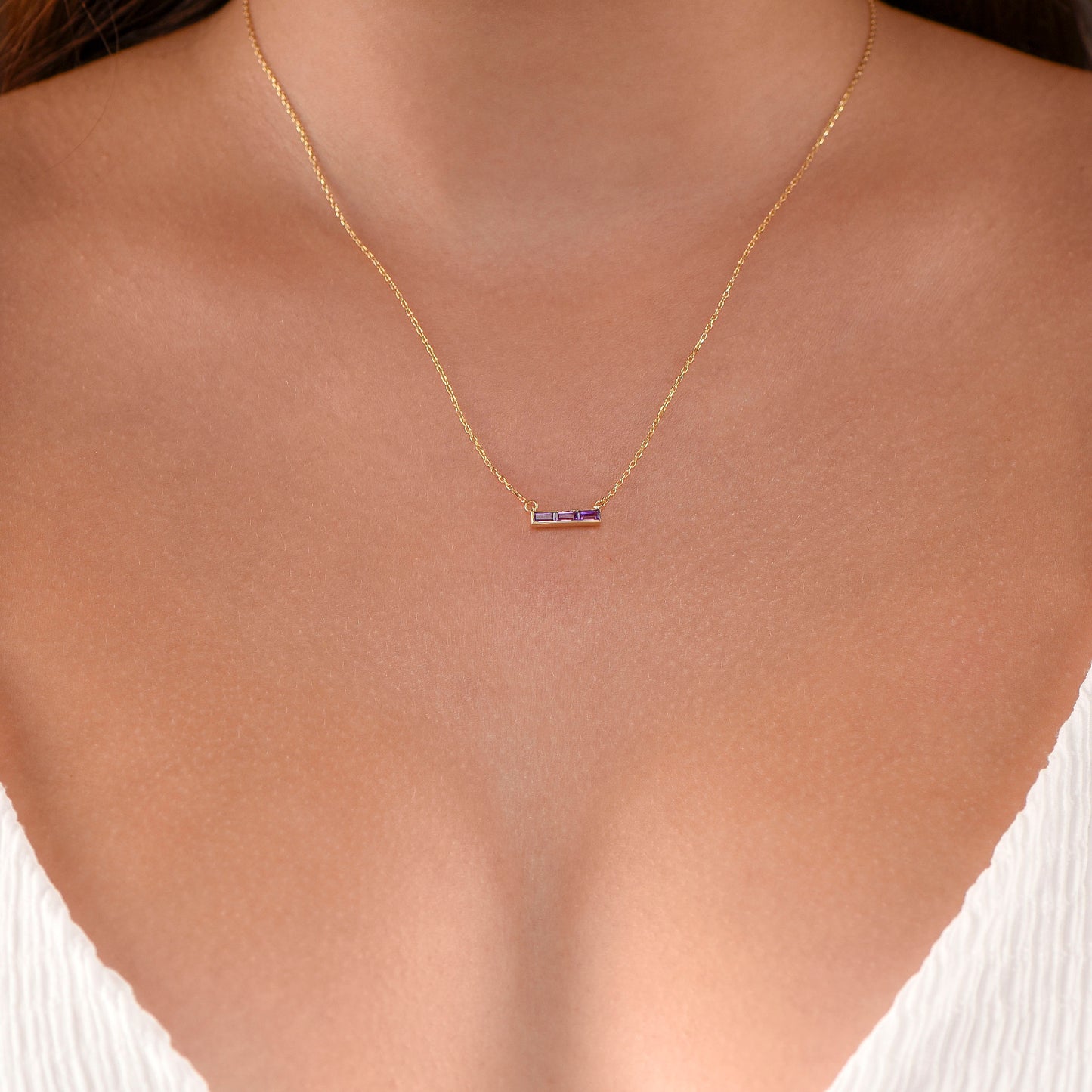 14K Yellow Gold Baguette Amethyst Bar Necklace - Dainty Purple Gemstone Pendant for Her