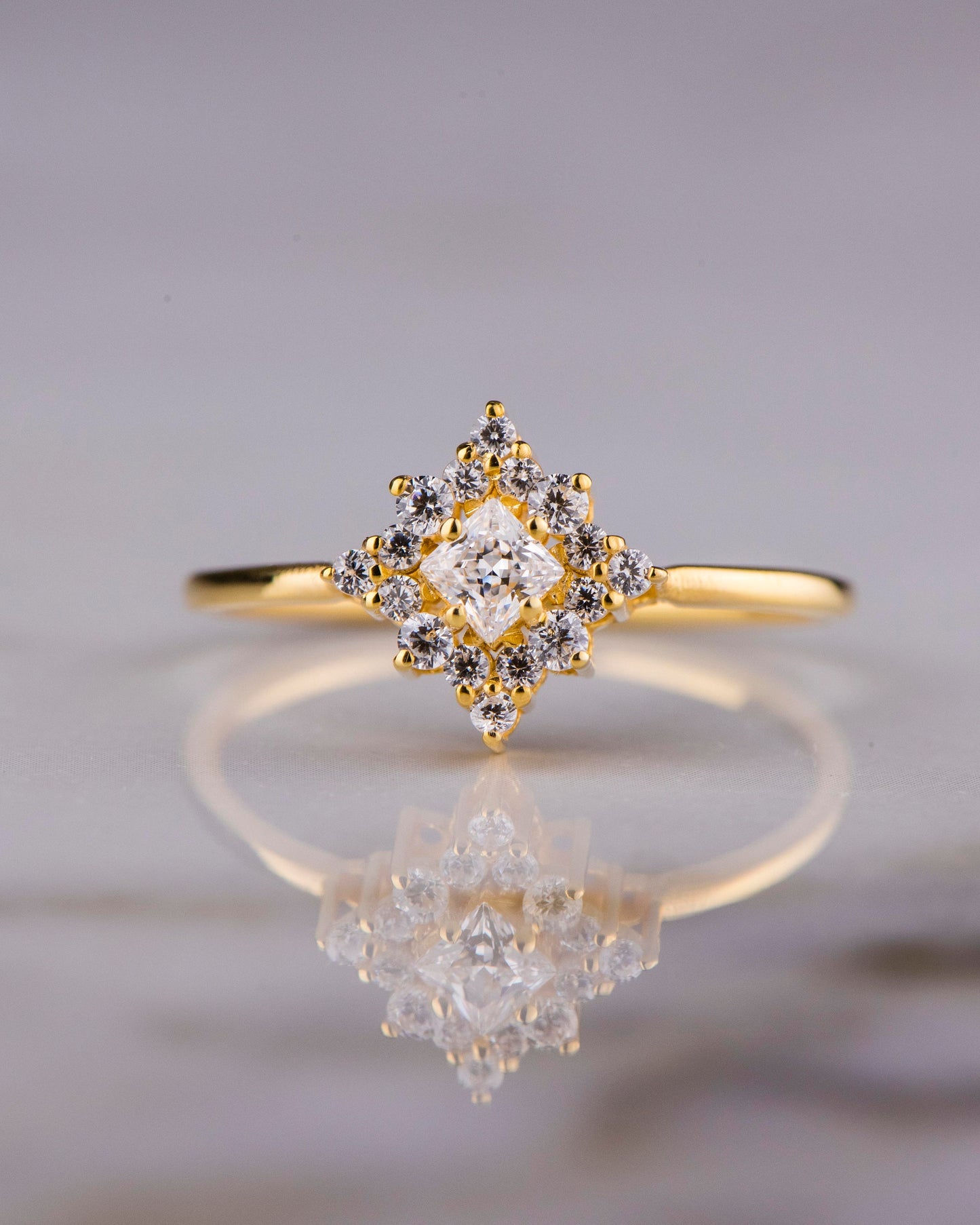 Princess Cut Diamond Cluster Engagement Ring – 14K Solid Gold, Dainty Vintage-Inspired Ring