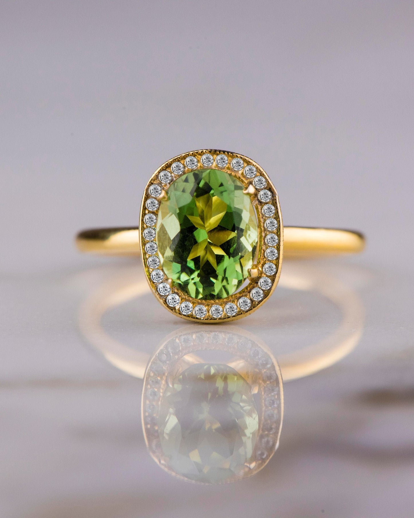 Vintage Oval Cut Peridot and Diamond Ring in 14k Solid Gold – August Birthstone Halo Ring for Her