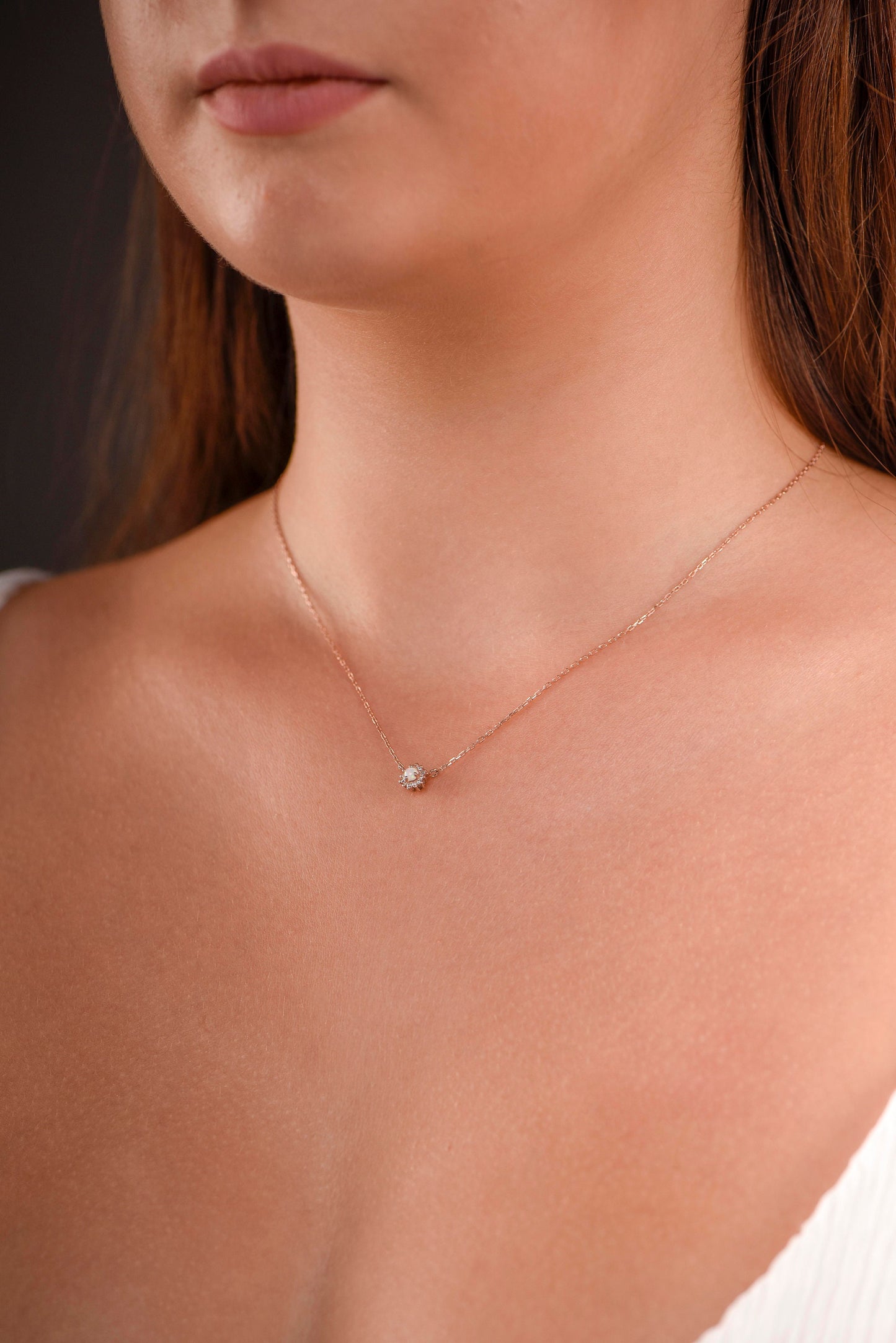14K Rose Gold Opal and Diamond Halo Necklace - Dainty October Birthstone Pendant Gift for Her
