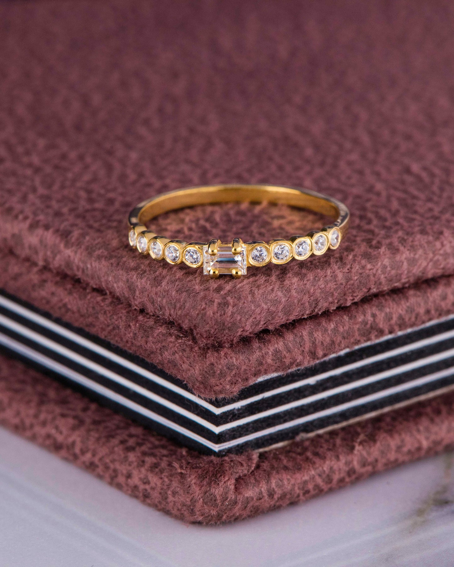 14K Gold Baguette and Round Diamond Ring – Dainty Stackable Engagement Band