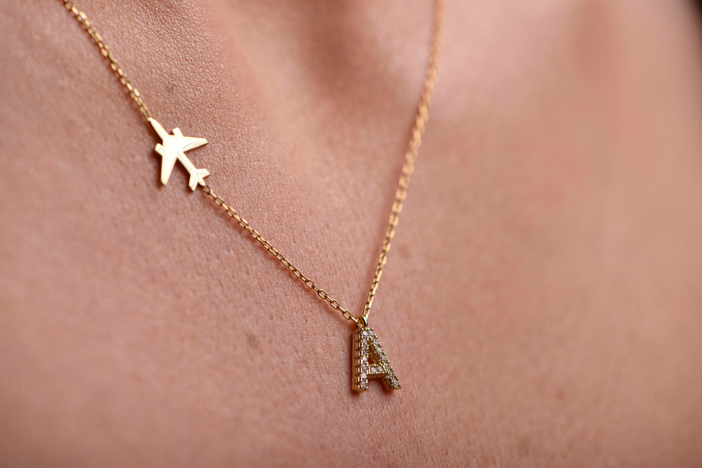 14K Gold Letter Airplane Necklace/Diamond Letter Necklace/Gold Aircraft Necklace/Personalized Letter Necklace/Gift For Mom