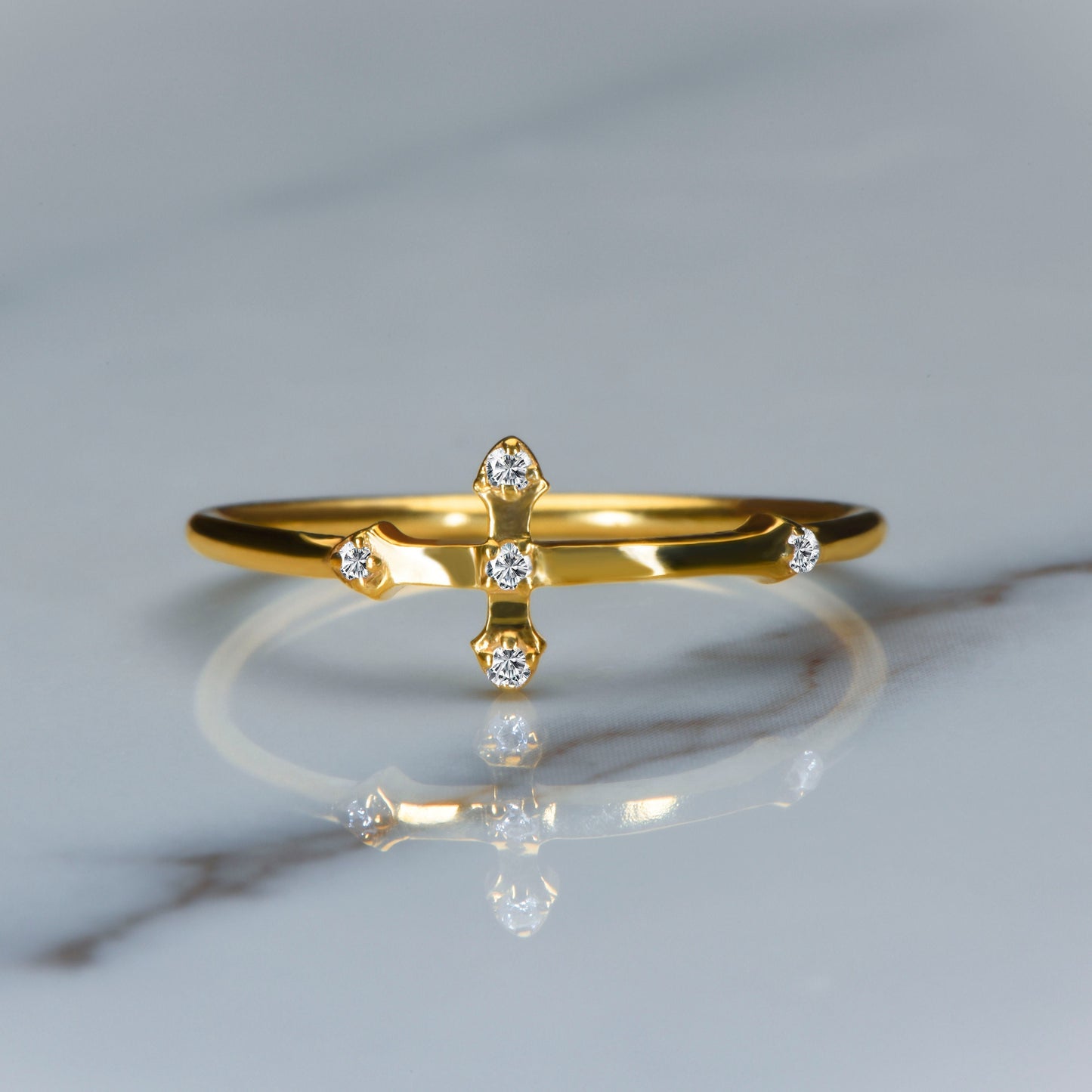 Solid 14K Gold Cross Ring – Minimalist Diamond Cross Ring, Christian Fine Jewelry