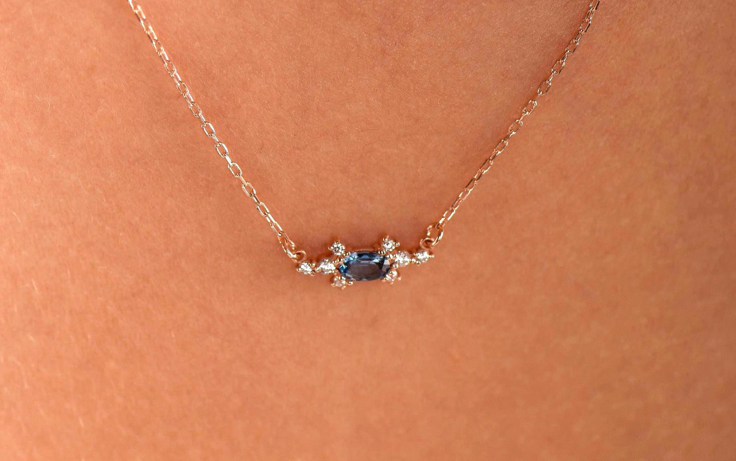 14K Rose Gold Natural Sapphire Necklace with Diamonds - Minimalist Elegant Gift for Her