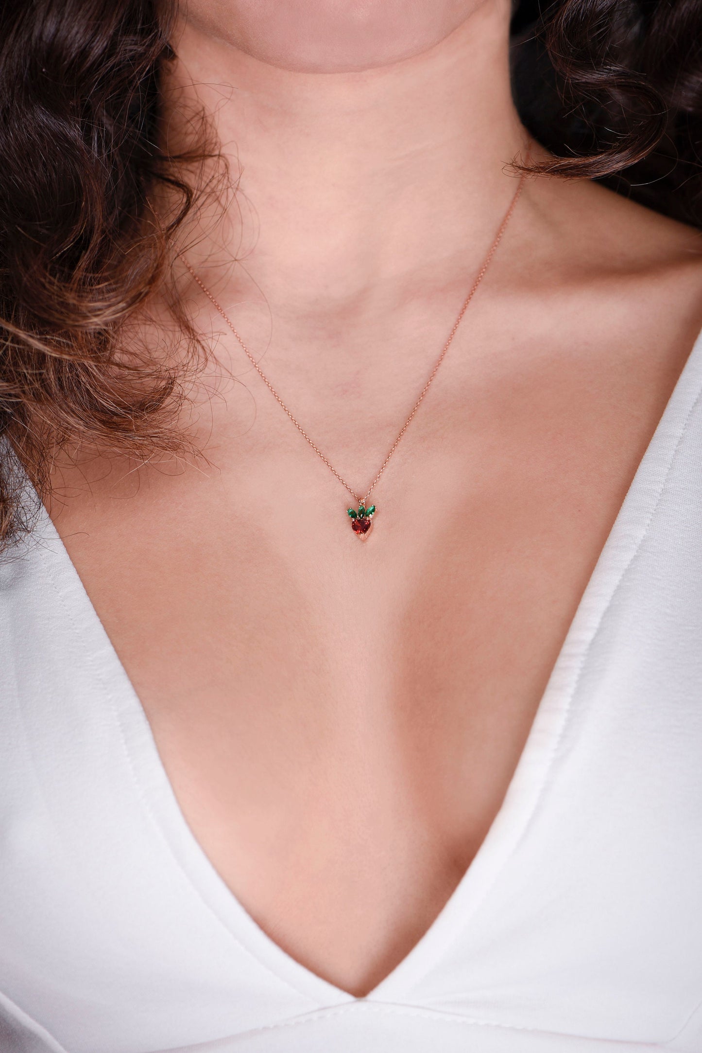 14K Gold Strawberry Pendant Necklace - Heart Cut Garnet and Emerald Marquise Gemstones, Cute Fine Jewelry Gift