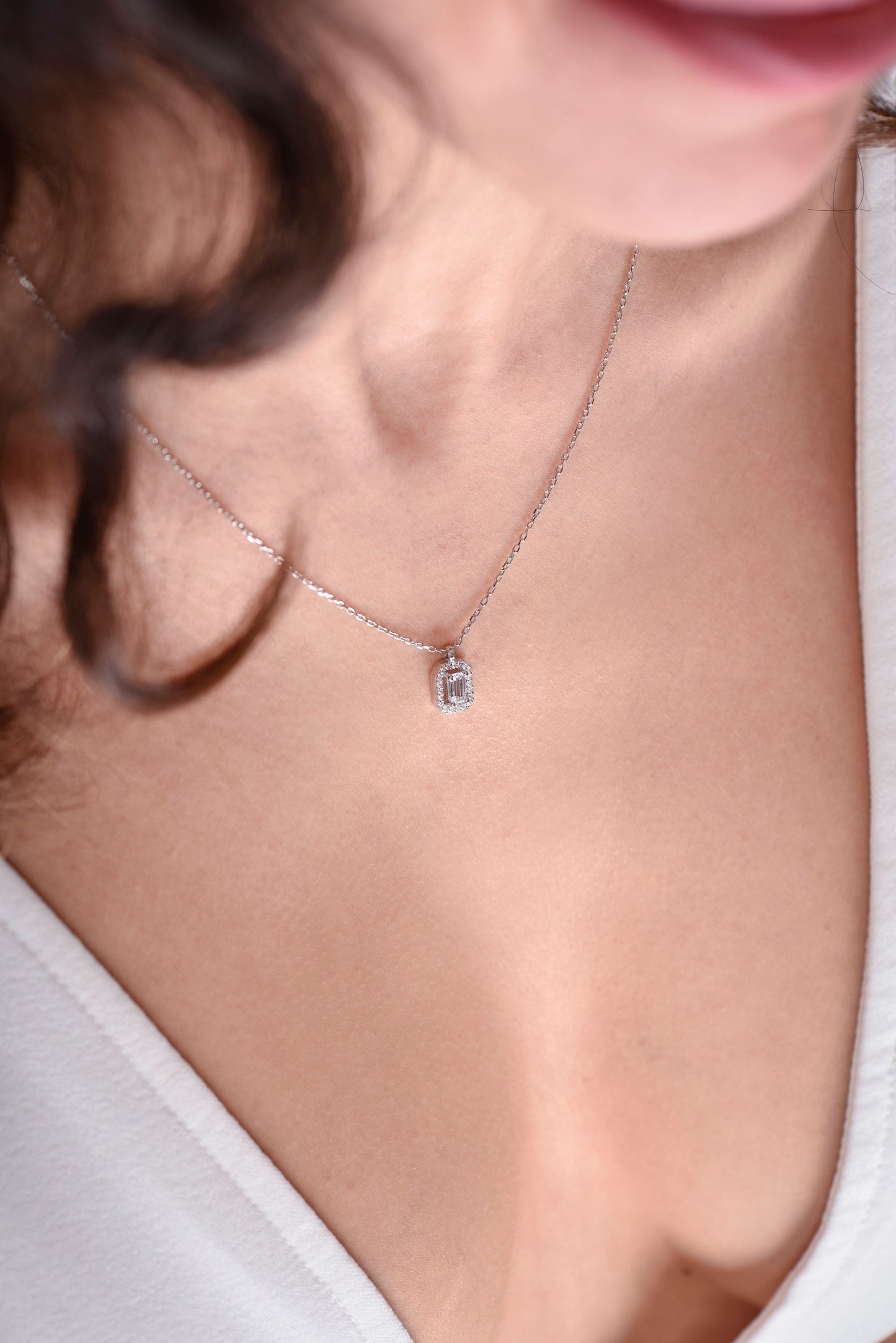 Emerald Cut Diamond Necklace, Baguette Moissanite Halo Pendant,14k Solid White Gold Necklace,Diamond Necklace,Christmas Gift Necklace