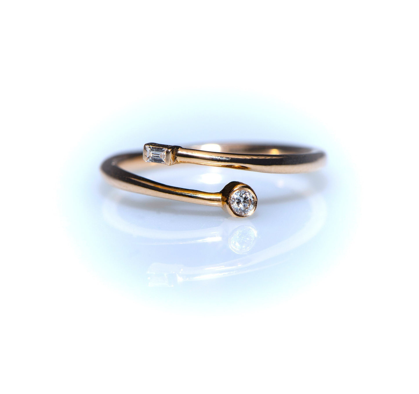 14k Gold Open Diamond Ring – Minimalist Wrap Ring with Baguette and Round Cut Diamonds