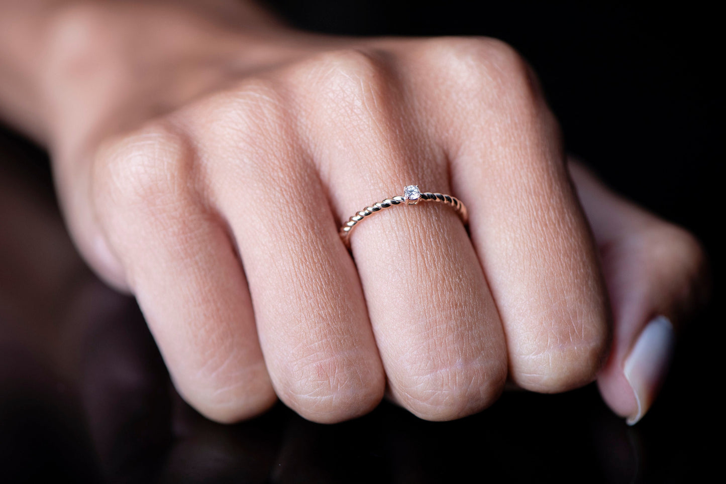 14k Twisted Gold Diamond Ring – Dainty Round Cut Minimalist Ring for Stacking or Everyday Gift
