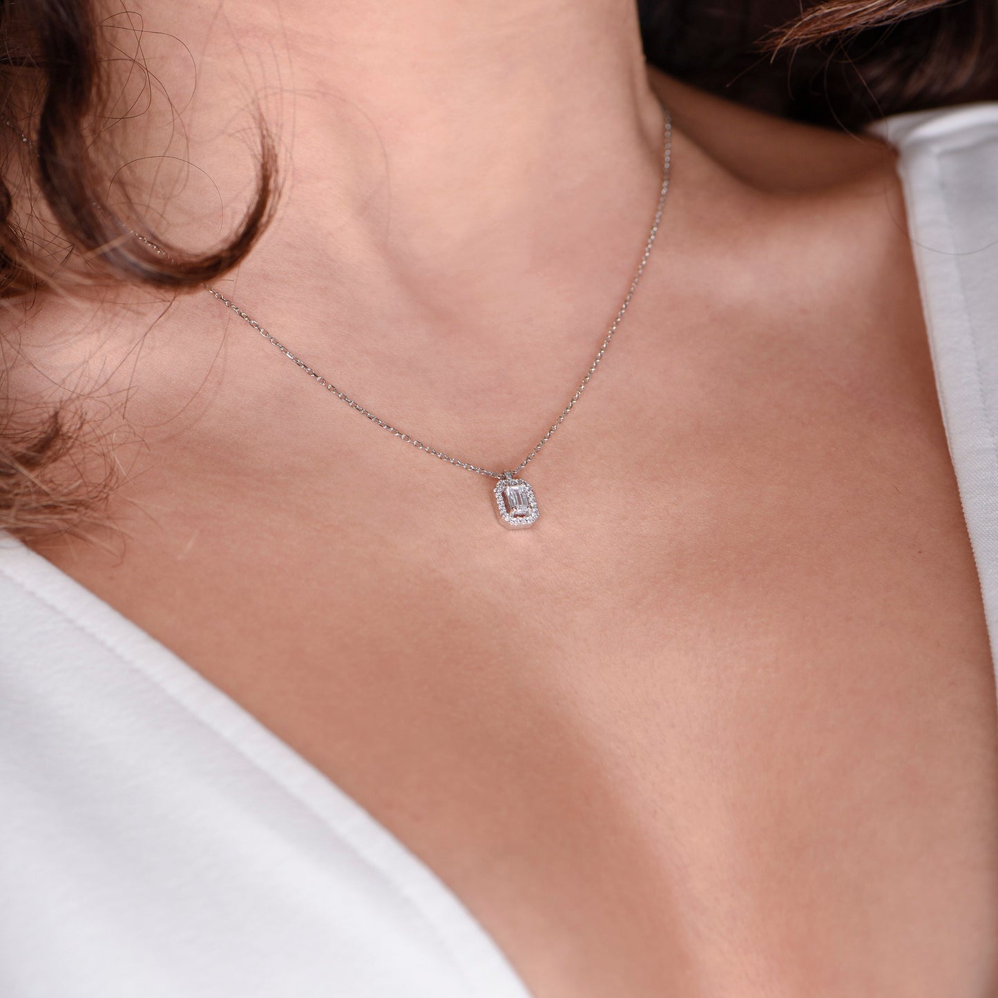 Emerald Cut Diamond Necklace, Baguette Moissanite Halo Pendant,14k Solid White Gold Necklace,Diamond Necklace,Christmas Gift Necklace