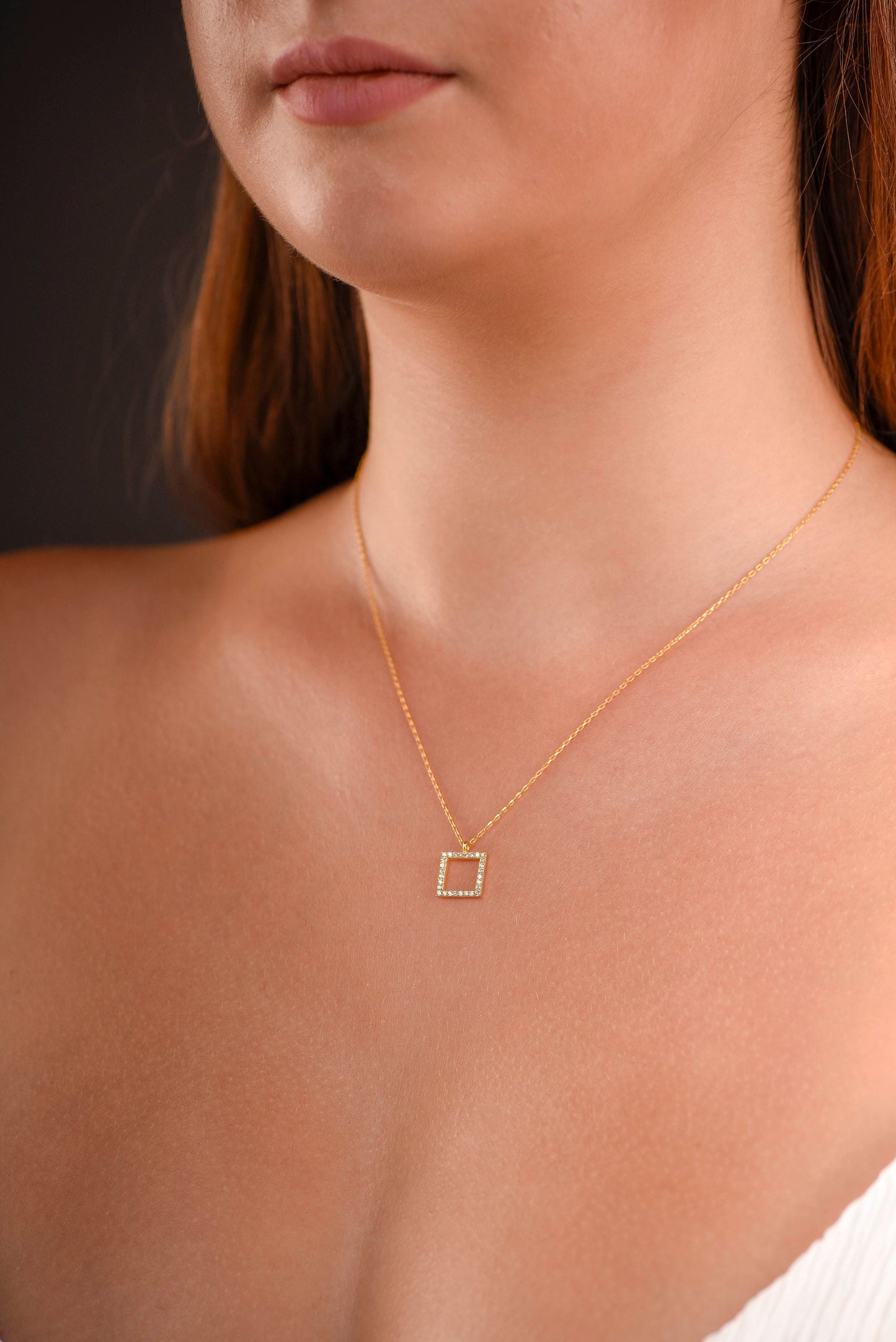 Solid Gold Square Diamond Necklace - Dazzling Statement Piece-Solid Gold Diamond Necklace- Gift for Mom
