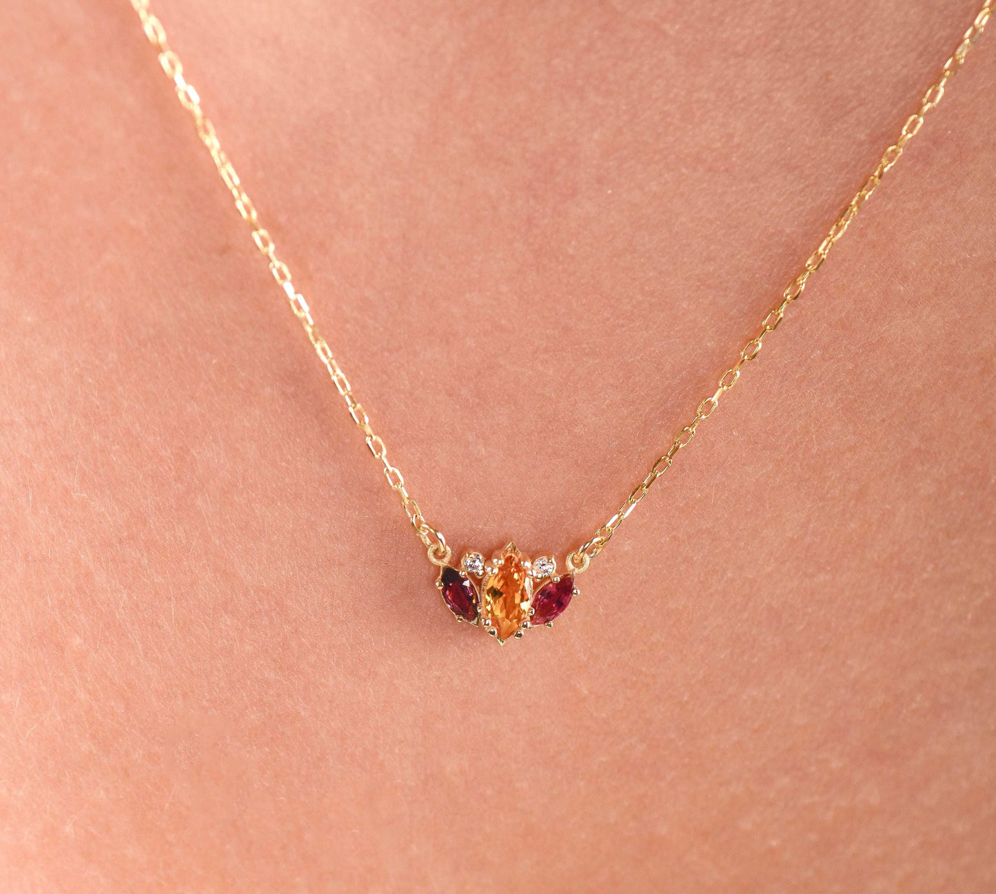 14K Yellow Gold Citrine and Garnet Necklace with Diamonds - Marquise Cut Gemstone Pendant for Her