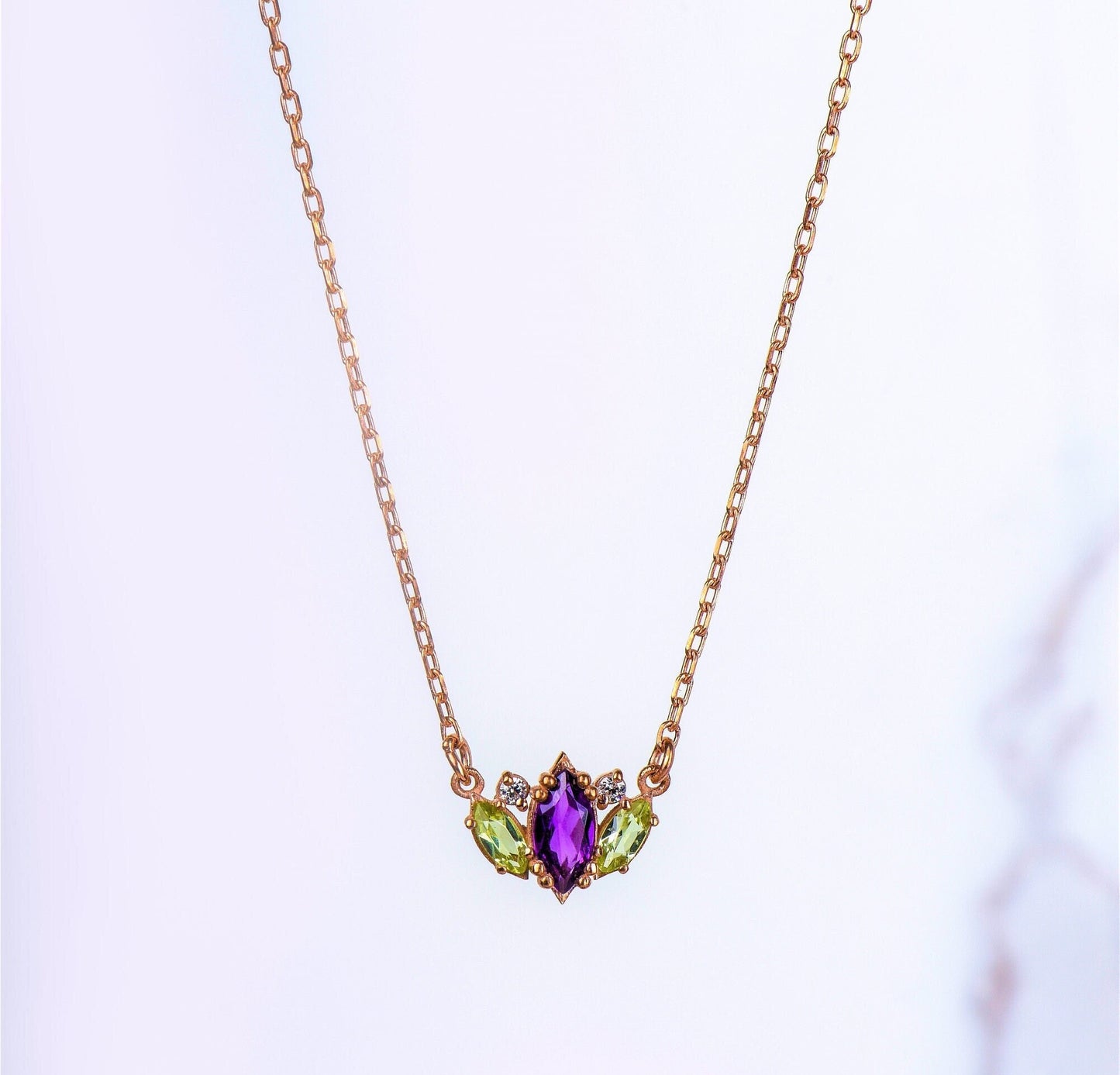 Gold Amethyst Stone Necklace, Peridot Stone Necklace, Amethyst and Peridot Stone Necklace, Marquise Cut Necklace,Christmas Gift Necklace