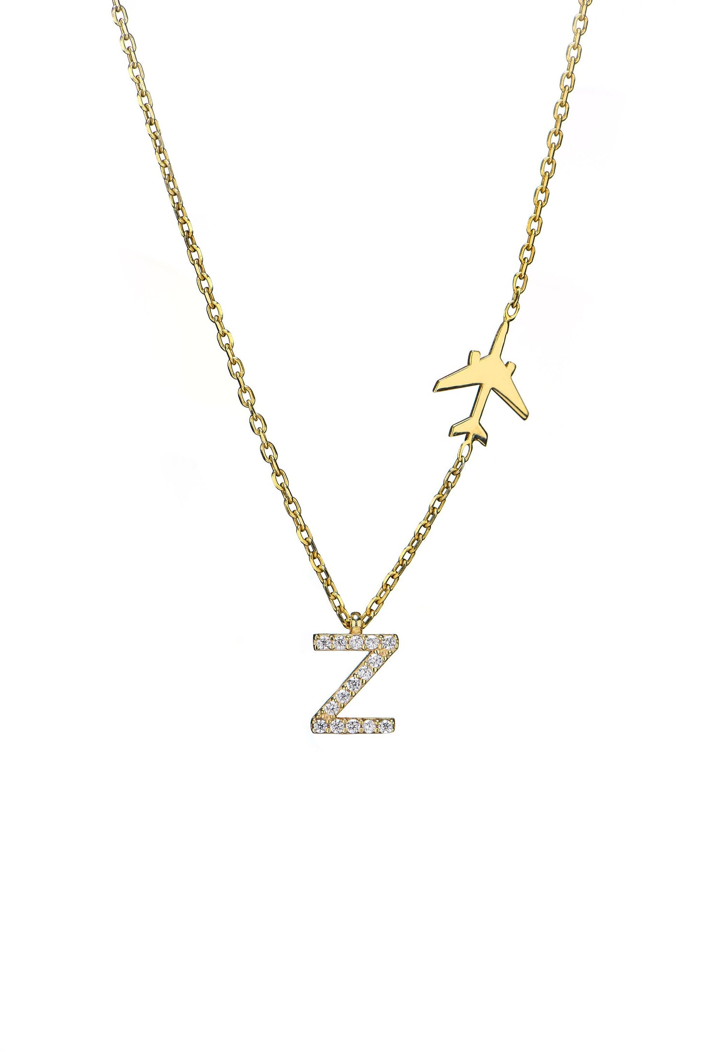 Elegant Solid Gold Airplane Chain Letter Pendant-Unique Aviation Jewelry-Pilot and Stewardess Necklace-Sky Necklace-Christmas Gift Necklace
