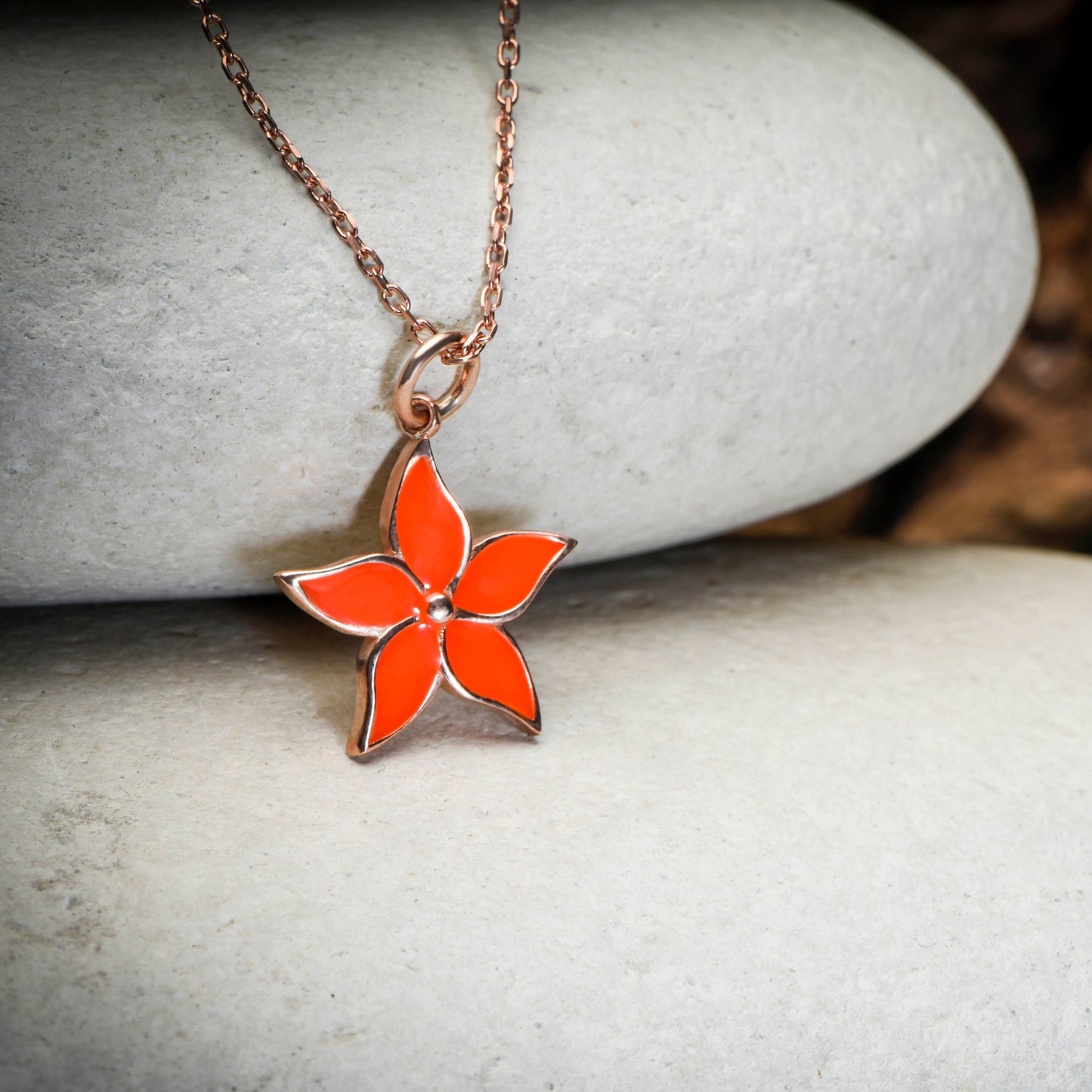 14K Rose Gold Orange Enamel Flower Necklace - Dainty Floral Pendant Gift for Her