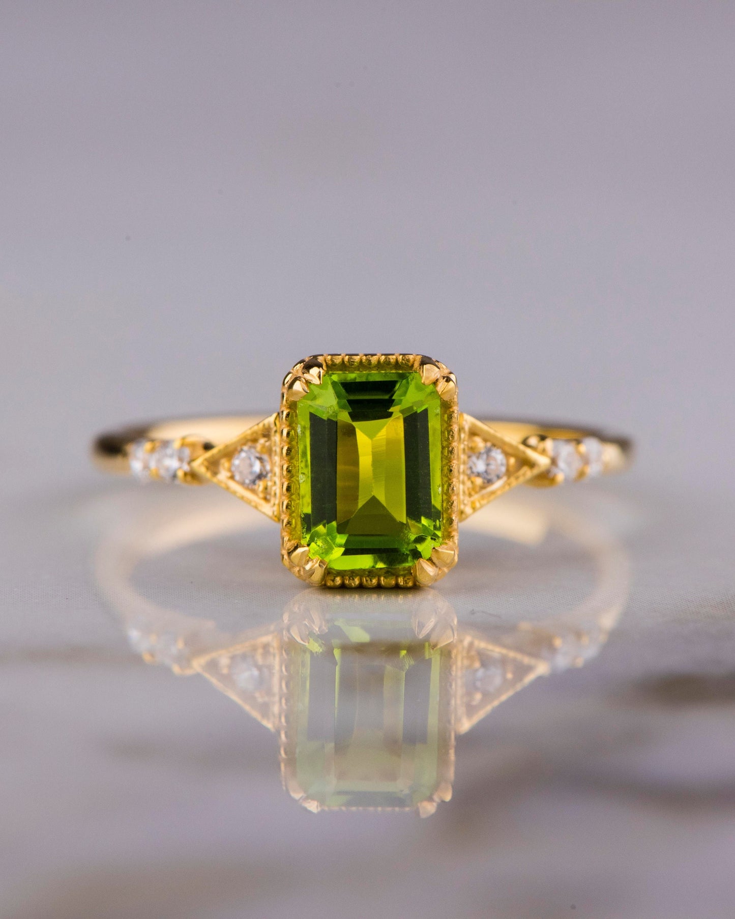 Emerald Cut Peridot and Diamond Ring in 14k Gold – Vintage Engagement or Mother’s Day Gift