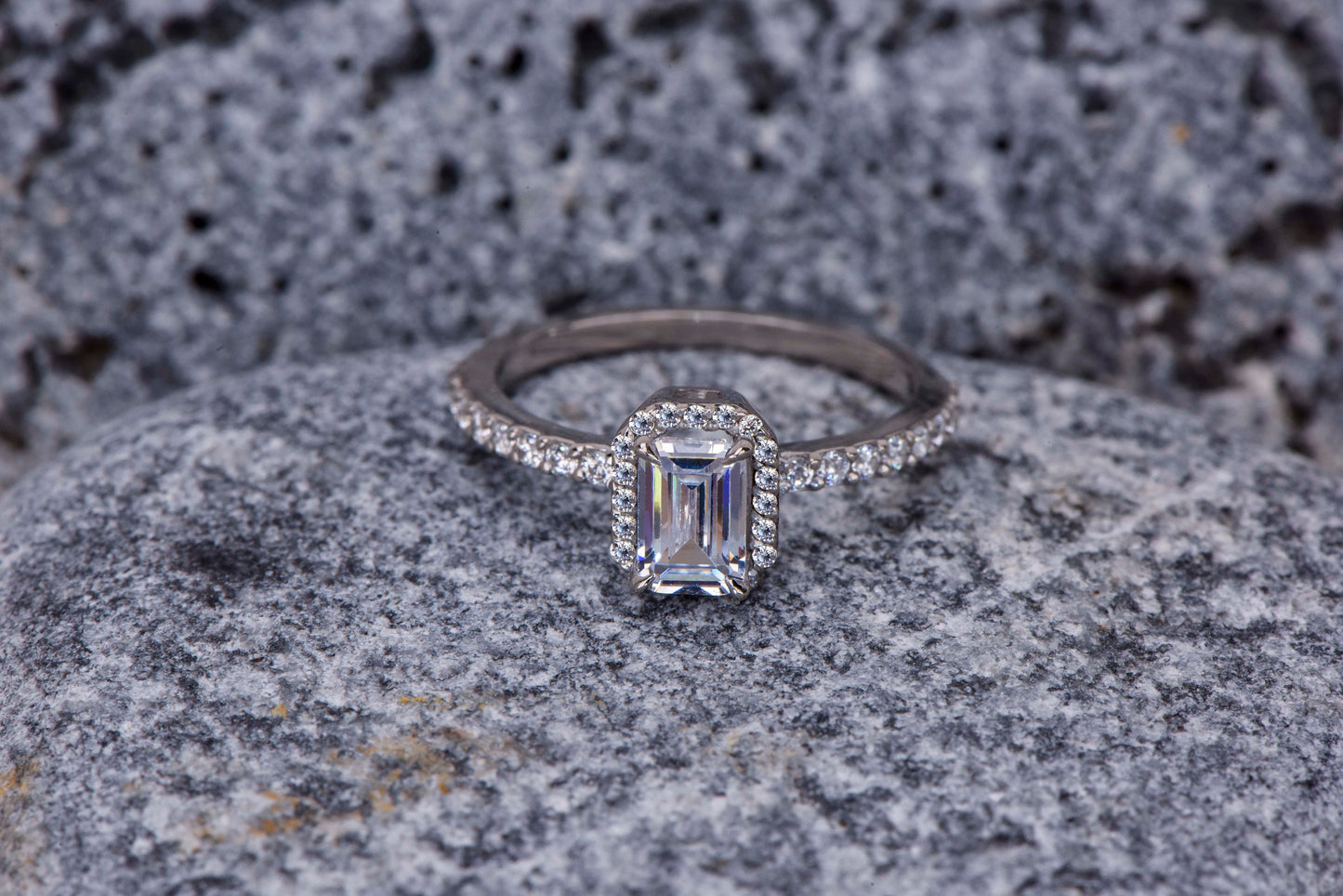 Emerald Cut Moissanite Halo Engagement Ring – 14K White Gold, GIA Certified, Dainty Handmade Ring, Customizable Gemstone Option
