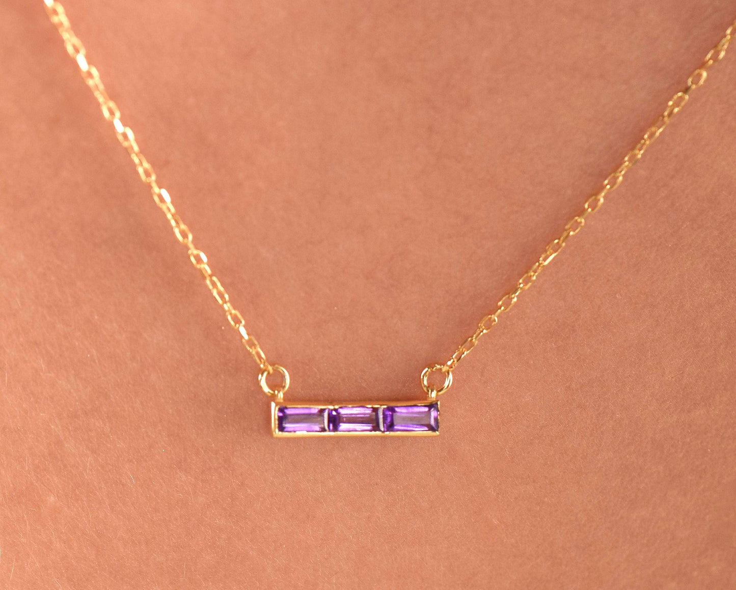 14K Yellow Gold Baguette Amethyst Bar Necklace - Dainty Purple Gemstone Pendant for Her
