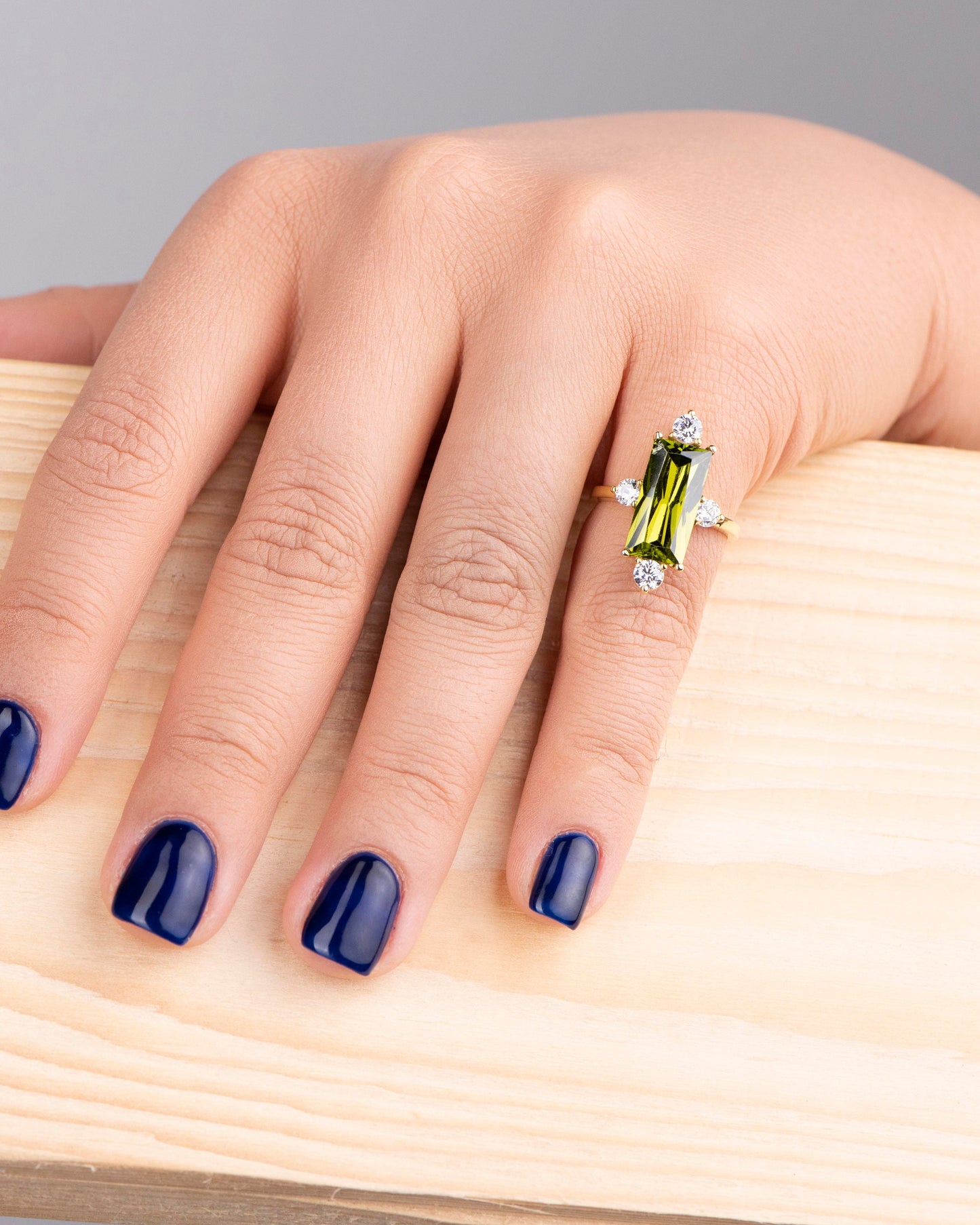 Statement Baguette Peridot and Diamond Ring in 14k Gold – Modern Vintage Engagement or Mother’s Day Gift