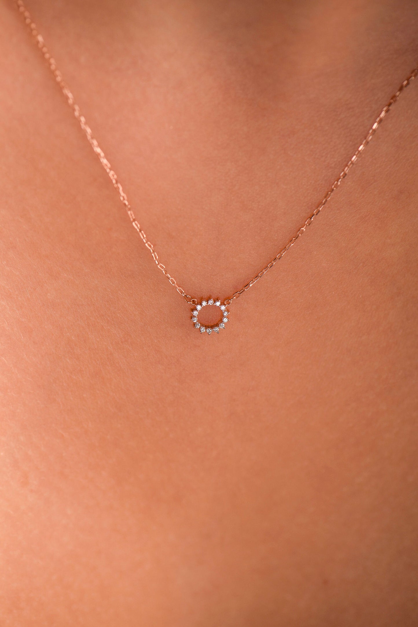 14K Yellow Gold Sunburst Diamond Necklace - Dainty Circle Pendant Gift for Her