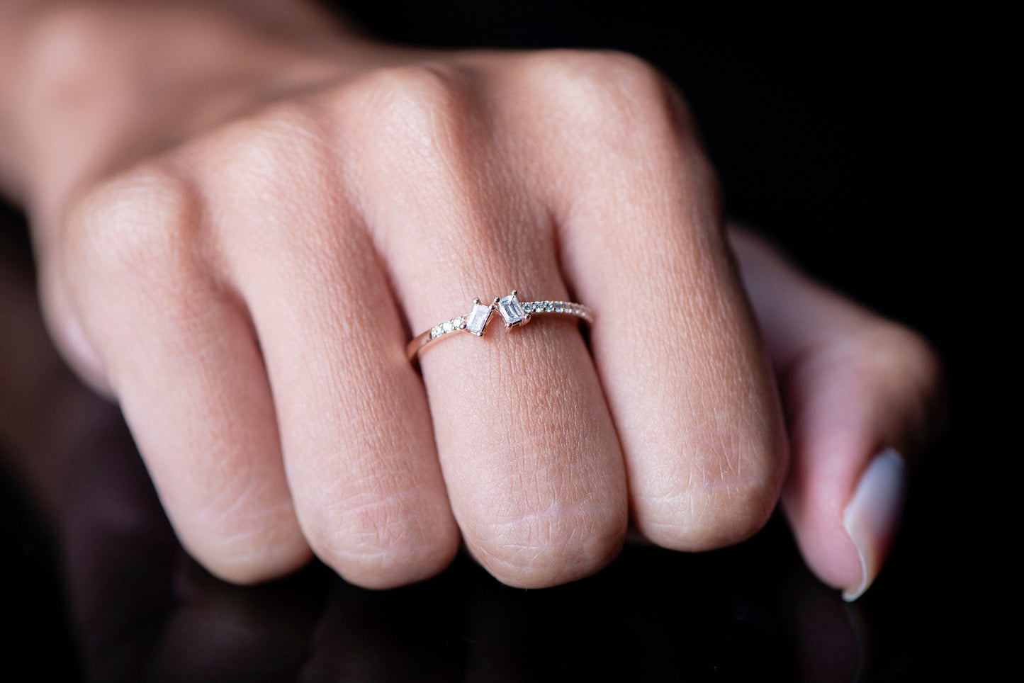 Diamond Ring, Dainty Double Stone Ring, Thin Band Elegant Fine Jewelry Gift