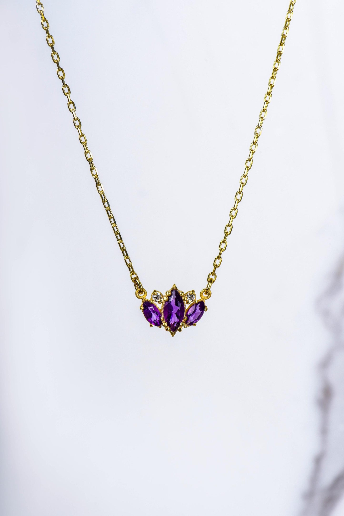 14K Yellow Gold Citrine and Garnet Necklace with Diamonds - Marquise Cut Gemstone Pendant for Her