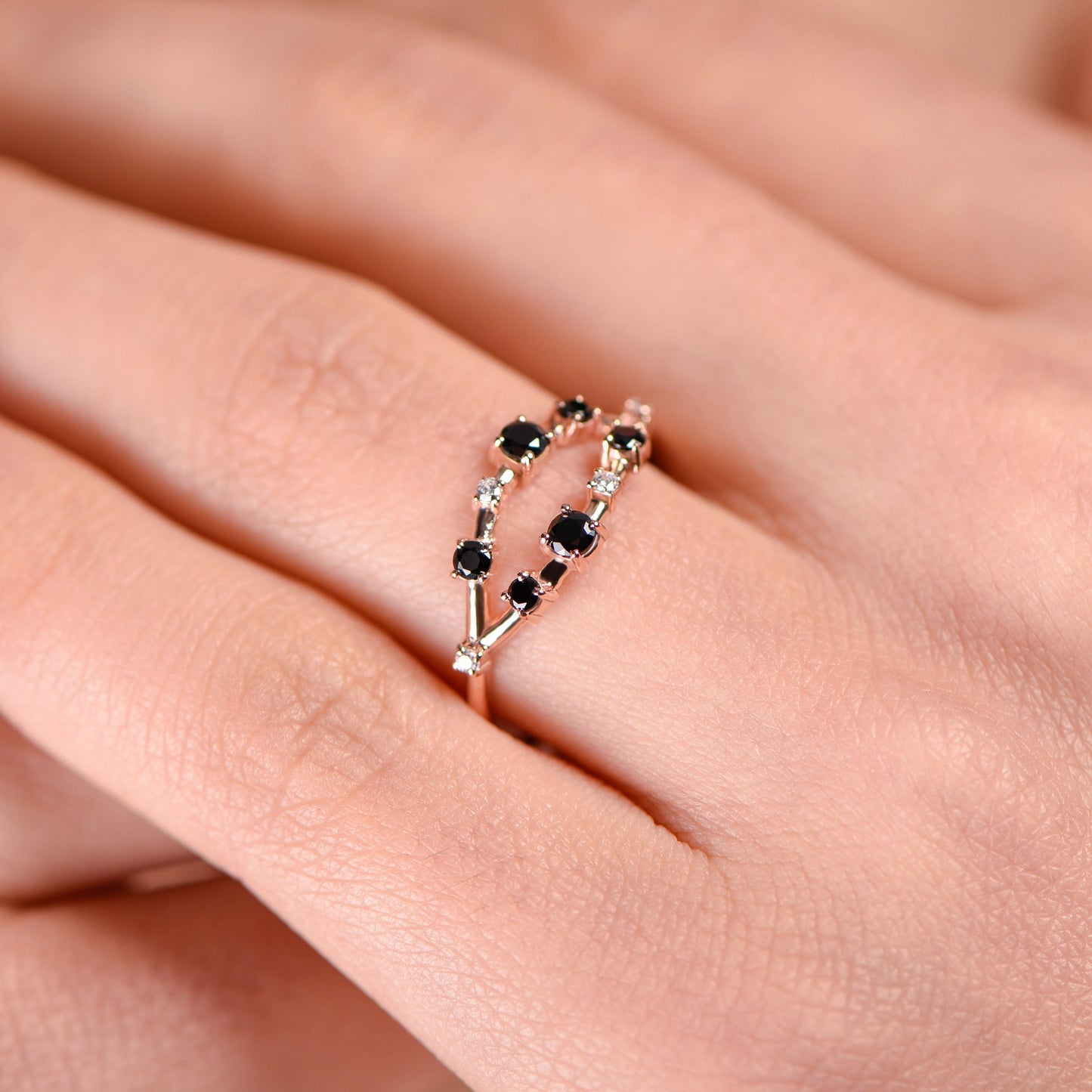 14K Solid Rose Gold Ring with Black and White Diamonds – Unique Modern Stacking Band
