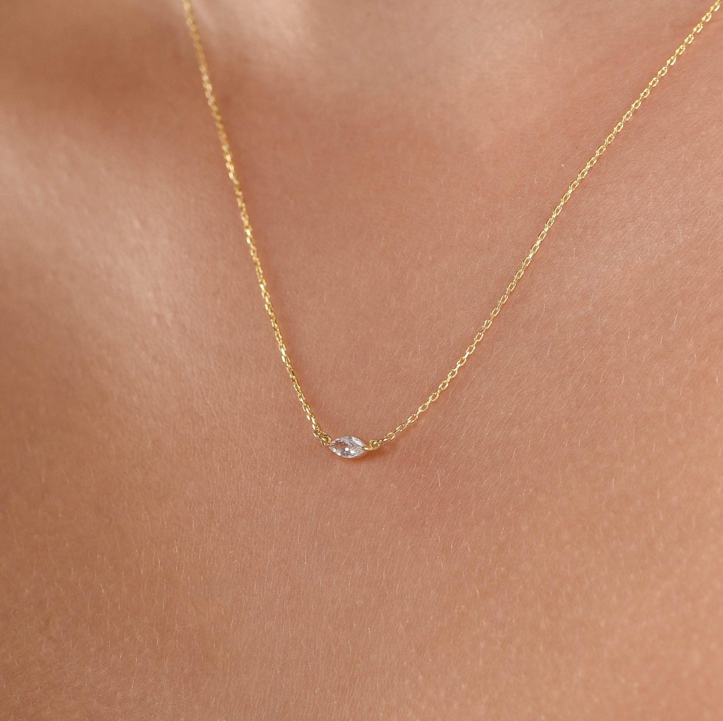 14K Gold Marquise Gemstone Necklace – Dainty Bezel Set Necklace in Yellow, White or Rose Gold