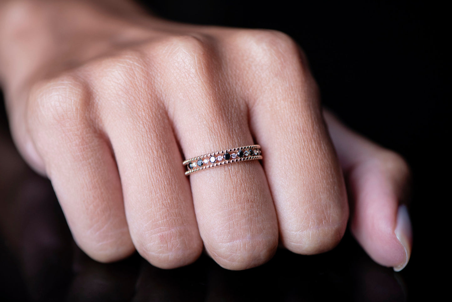 14K Solid Rose Gold Black And White Diamond Ring For Women,Diamond stacklable Ring,Diamond Wedding Band, Mothers Day Gift