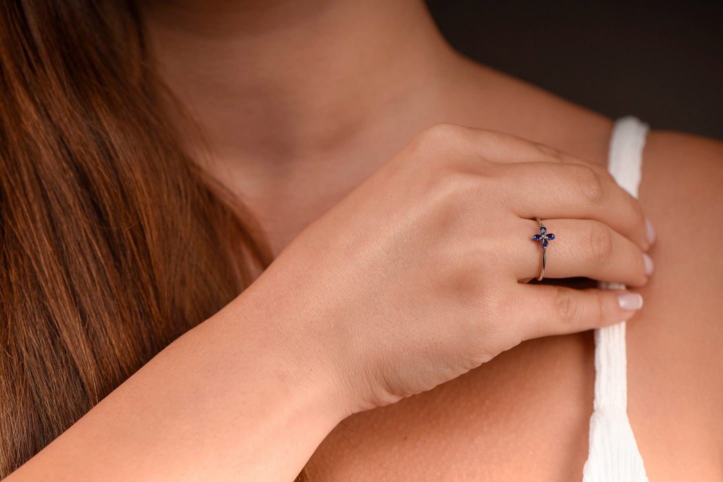 Dainty Sapphire Flower Ring in 14k 8k Gold, Teardrop Cut Blue Gemstone, Delicate Floral Fine Jewelry