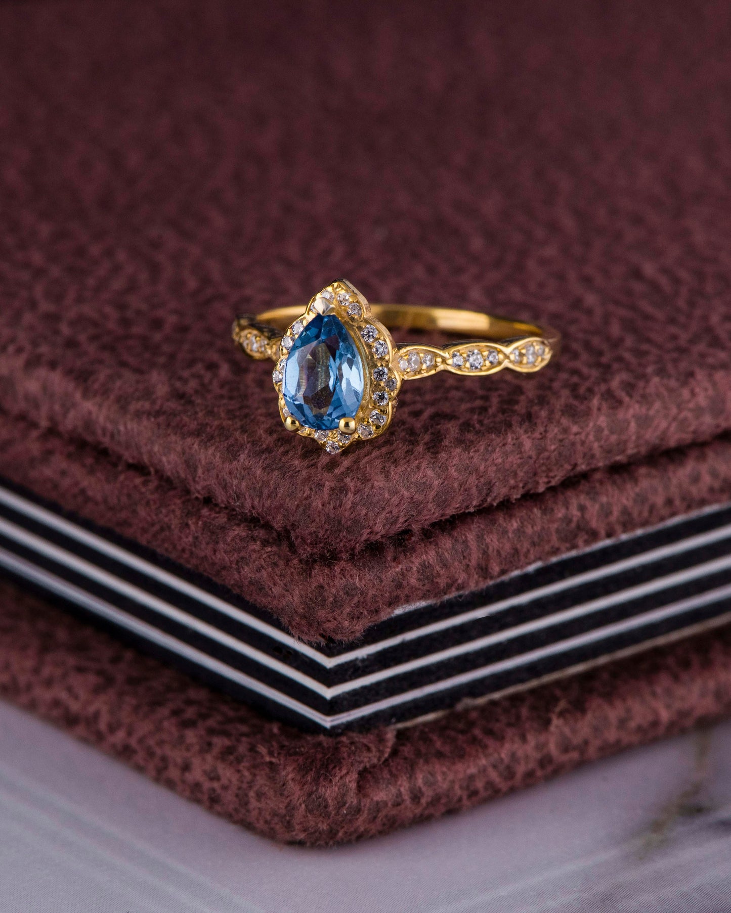 Pear Cut Blue Topaz and Diamond Ring in 14k Gold – Vintage Engagement or Mother’s Day Gift for Her