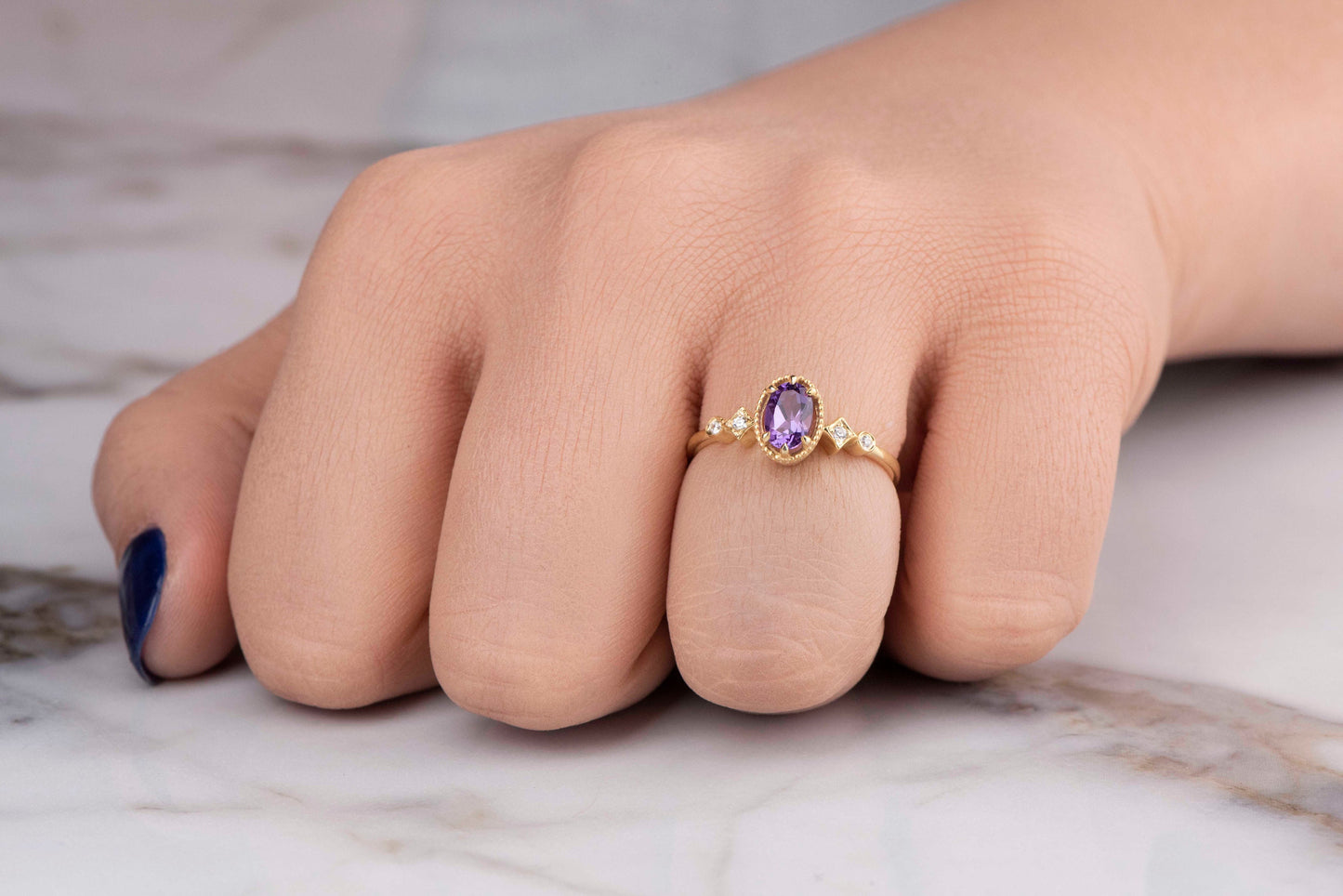 Oval Amethyst and Diamond Ring in 14k Gold – February Birthstone Engagement or Mother’s Day Gift