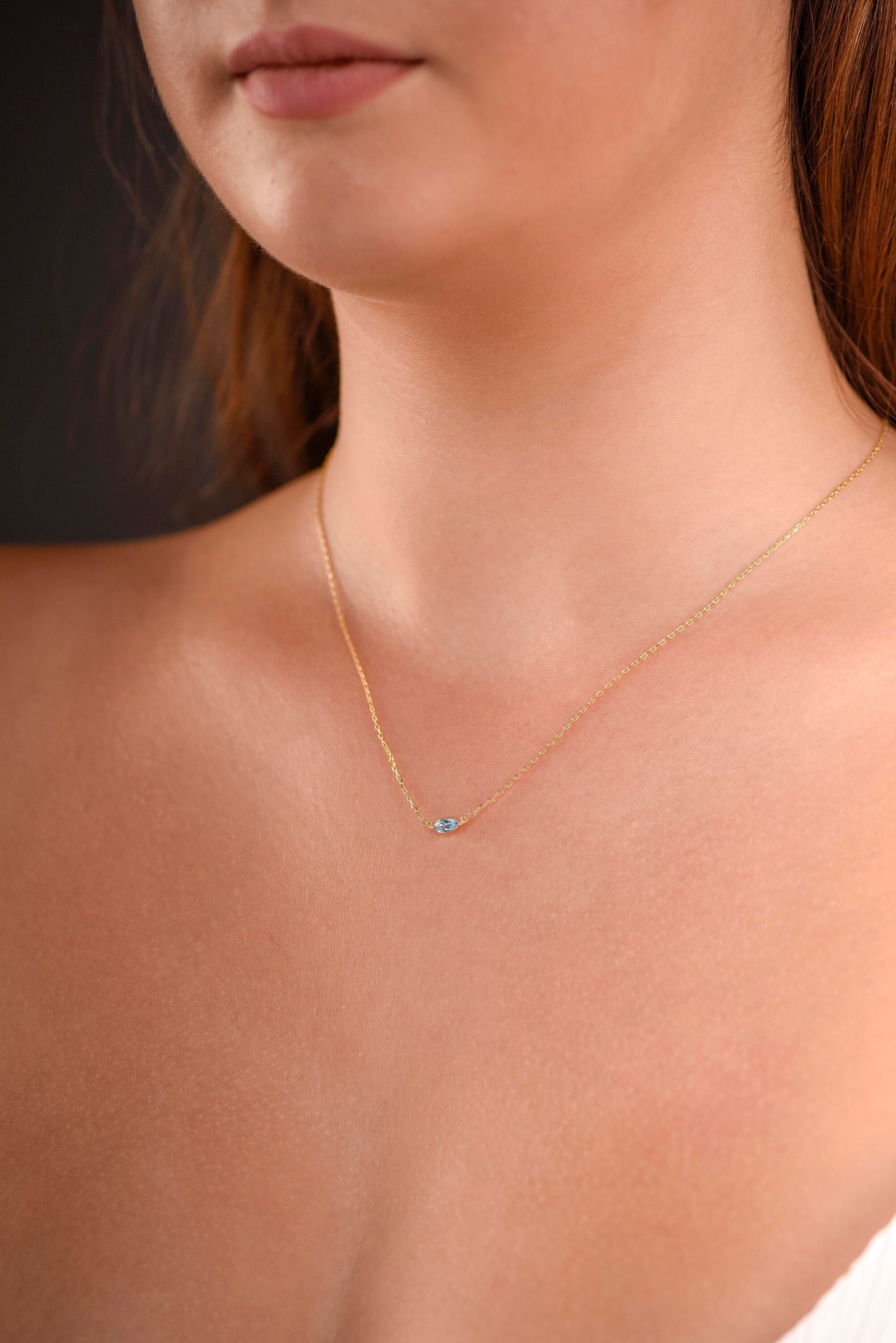 14K Yellow Gold Marquise Aquamarine Necklace - Dainty Blue Gemstone Pendant for Her