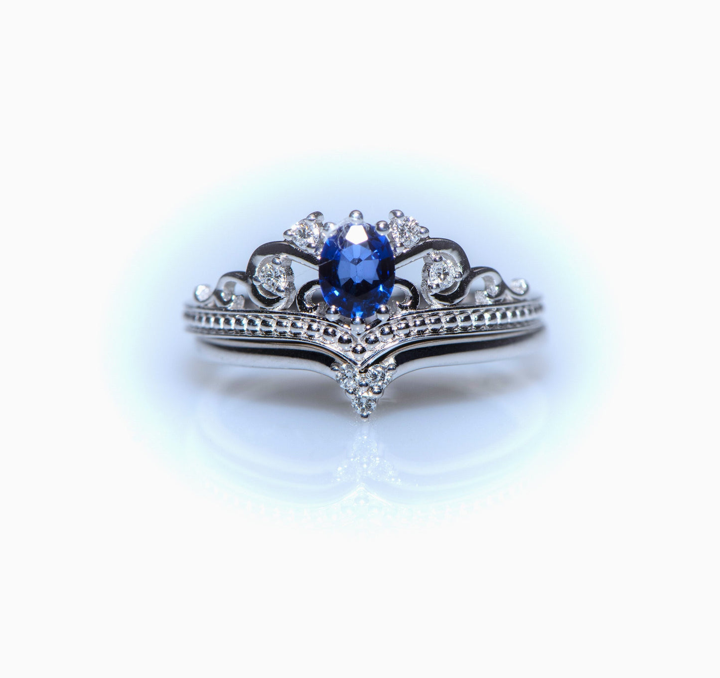 Royal Sapphire and Diamond Tiara Ring in 14k Gold – Princess Crown Engagement or Wedding Ring