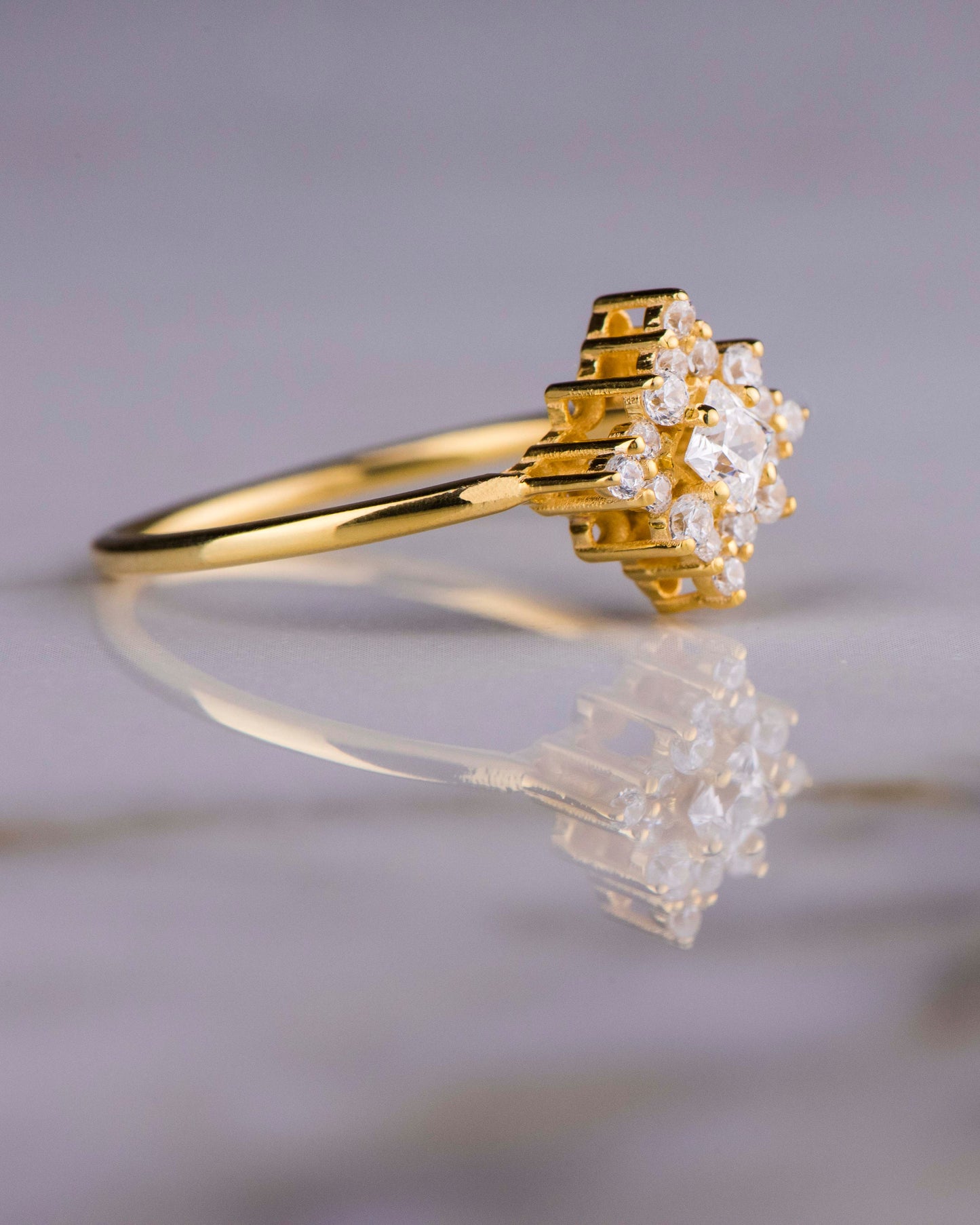 Princess Cut Diamond Cluster Engagement Ring – 14K Solid Gold, Dainty Vintage-Inspired Ring